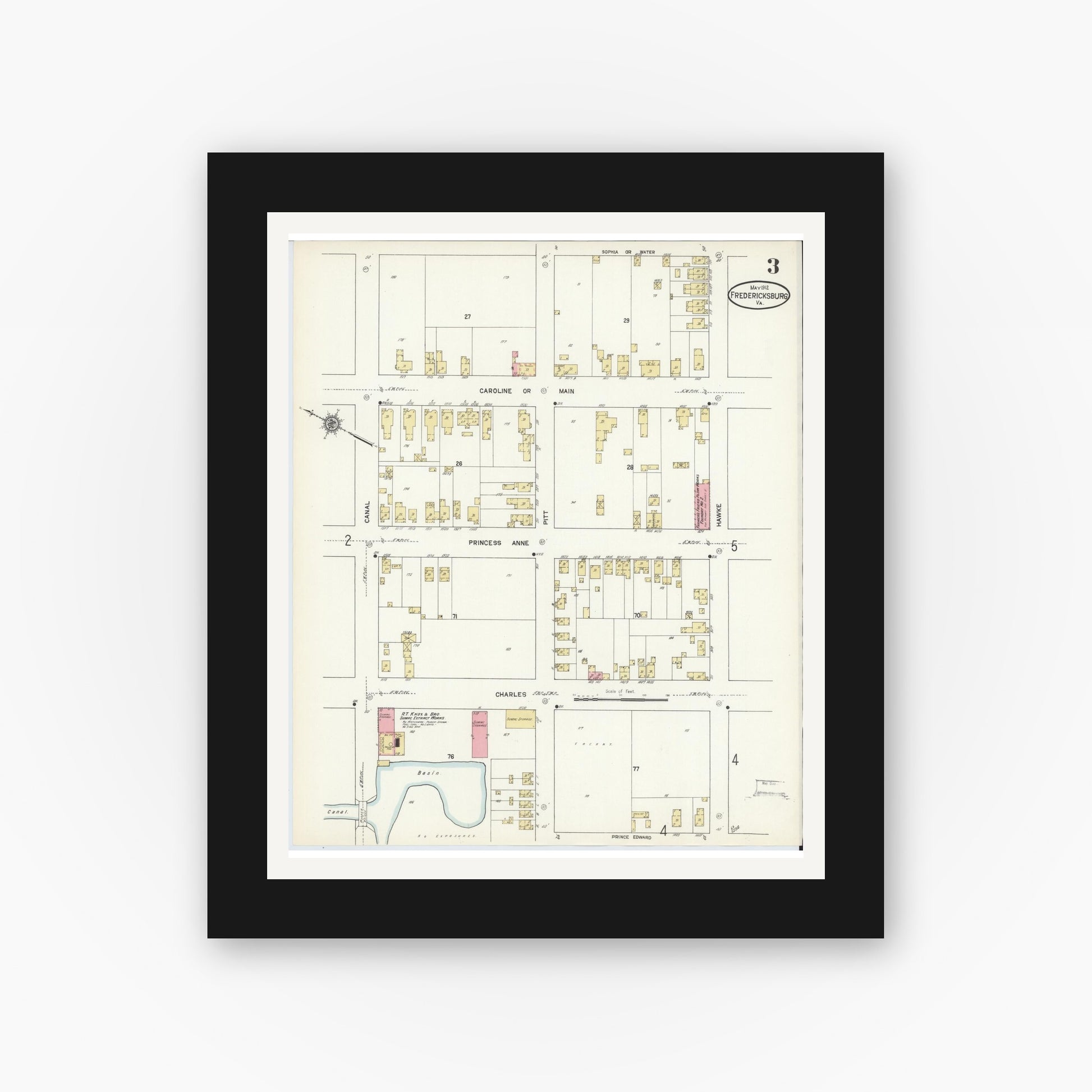 Old map wall art mockup — black gallery frame with white mat — Sanborn Fire Insurance Map from Fredericksburg, Independent Cities, Virginia (1912), Sheet #0003
