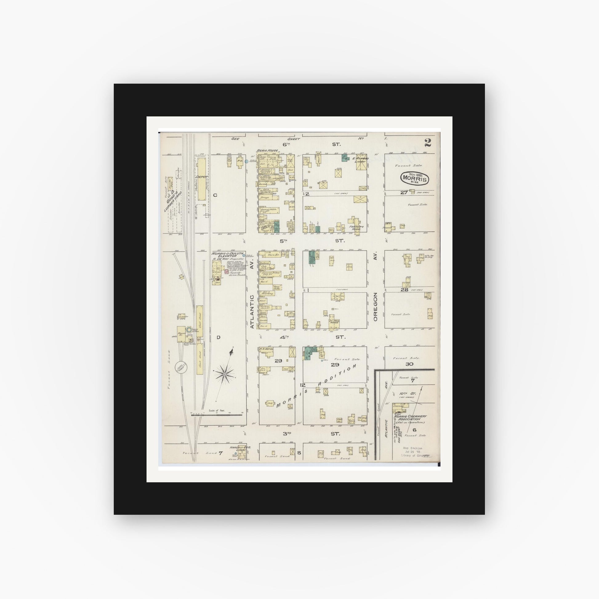 Old map wall art mockup — black gallery frame with white mat — Sanborn Fire Insurance Map from Morris, Stevens County, Minnesota (1885), Sheet #0002