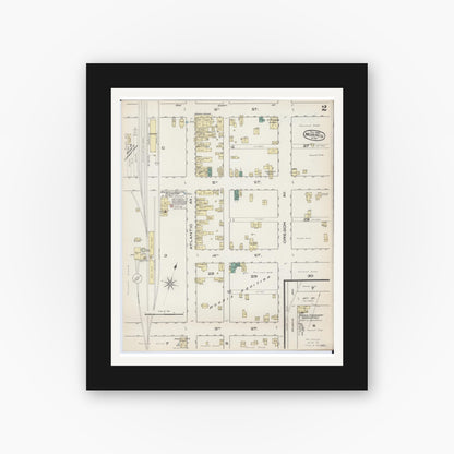 Old map wall art mockup — black gallery frame with white mat — Sanborn Fire Insurance Map from Morris, Stevens County, Minnesota (1885), Sheet #0002