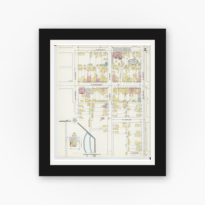 Old map wall art mockup — black gallery frame with white mat — Sanborn Fire Insurance Map from Bucyrus, Crawford County, Ohio (1892), Sheet #0002