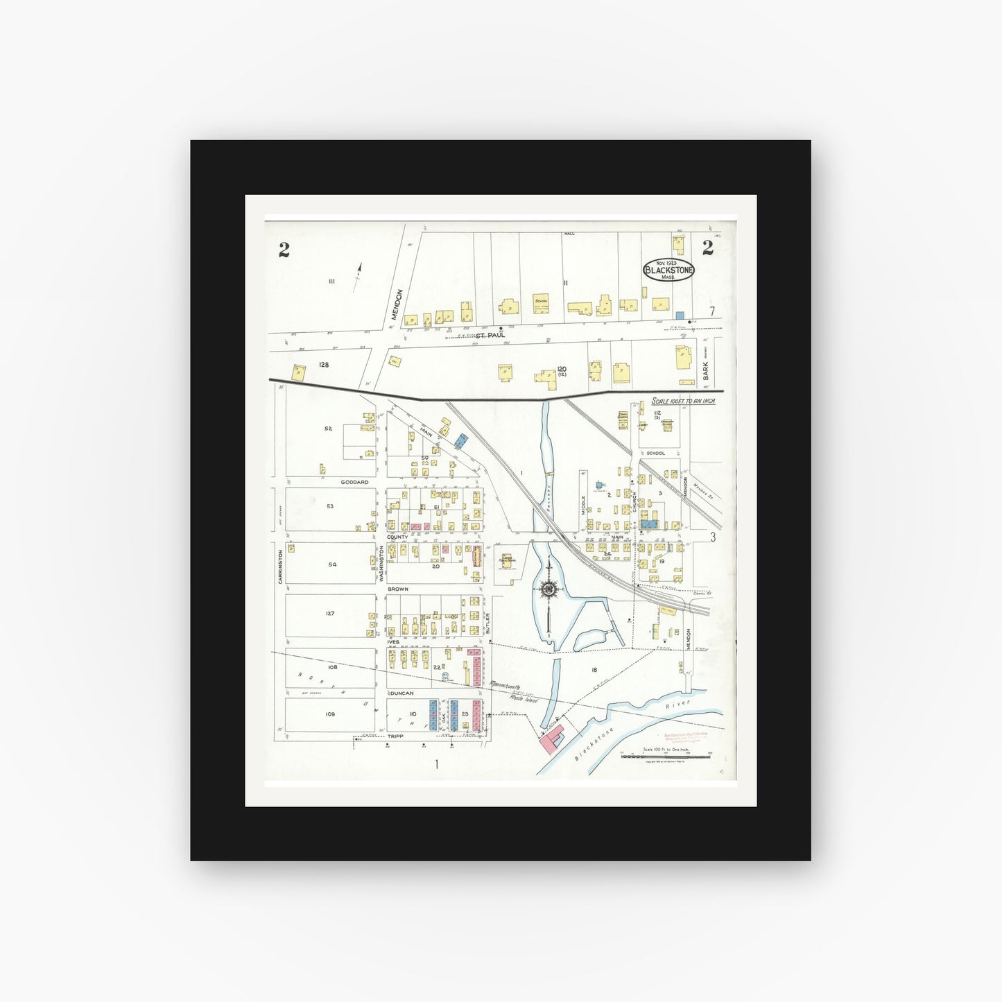 Old map wall art mockup — black gallery frame with white mat — Sanborn Fire Insurance Map from Blackstone, Worcester County, Massachusetts (1923), Sheet #0002