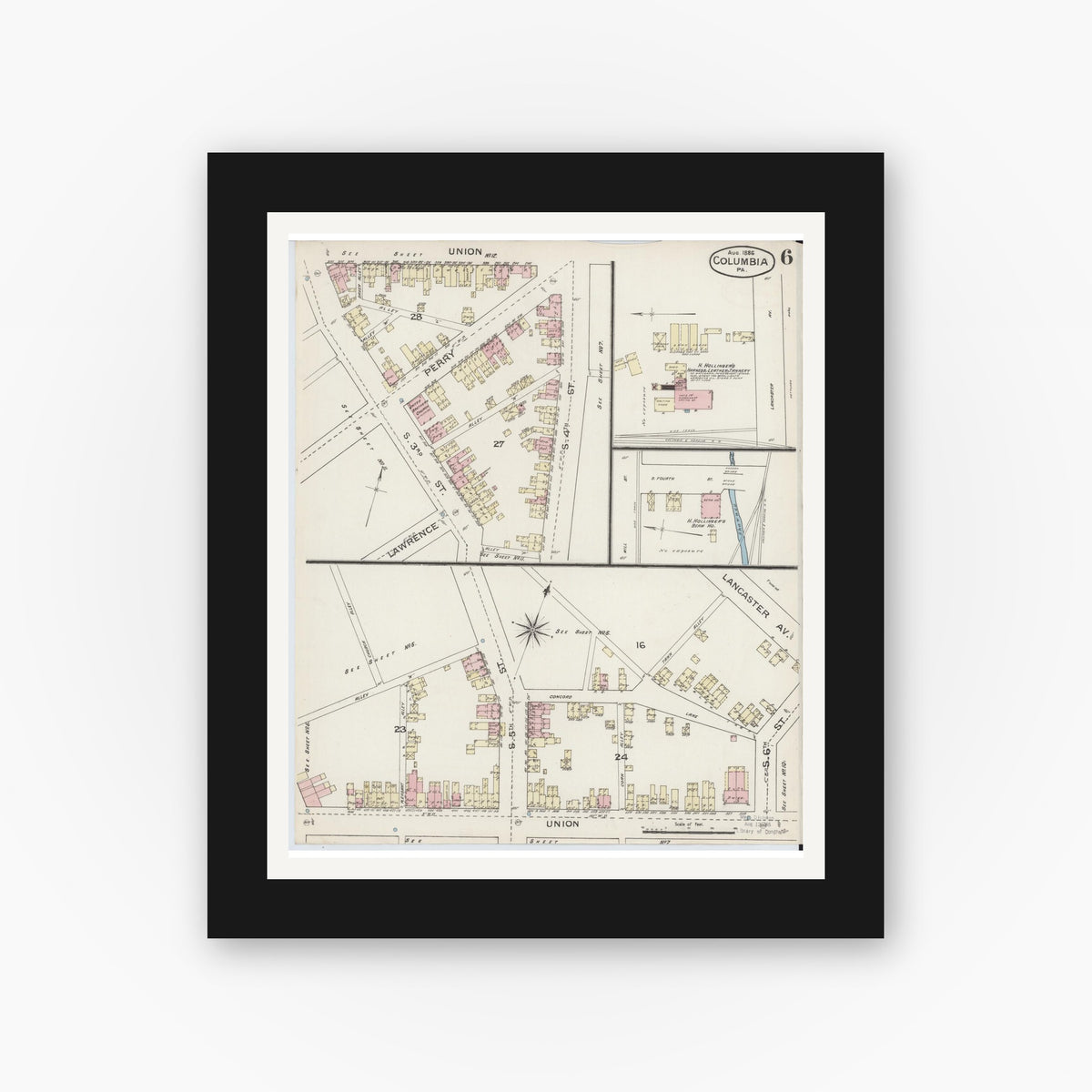 Old map wall art mockup — black gallery frame with white mat — Sanborn Fire Insurance Map from Columbia, Lancaster County, Pennsylvania (1886), Sheet #0006