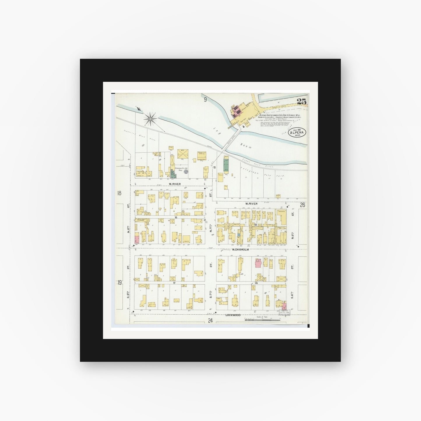 Old map wall art mockup — black gallery frame with white mat — Sanborn Fire Insurance Map from Alpena, Alpena County, Michigan (1901), Sheet #0025