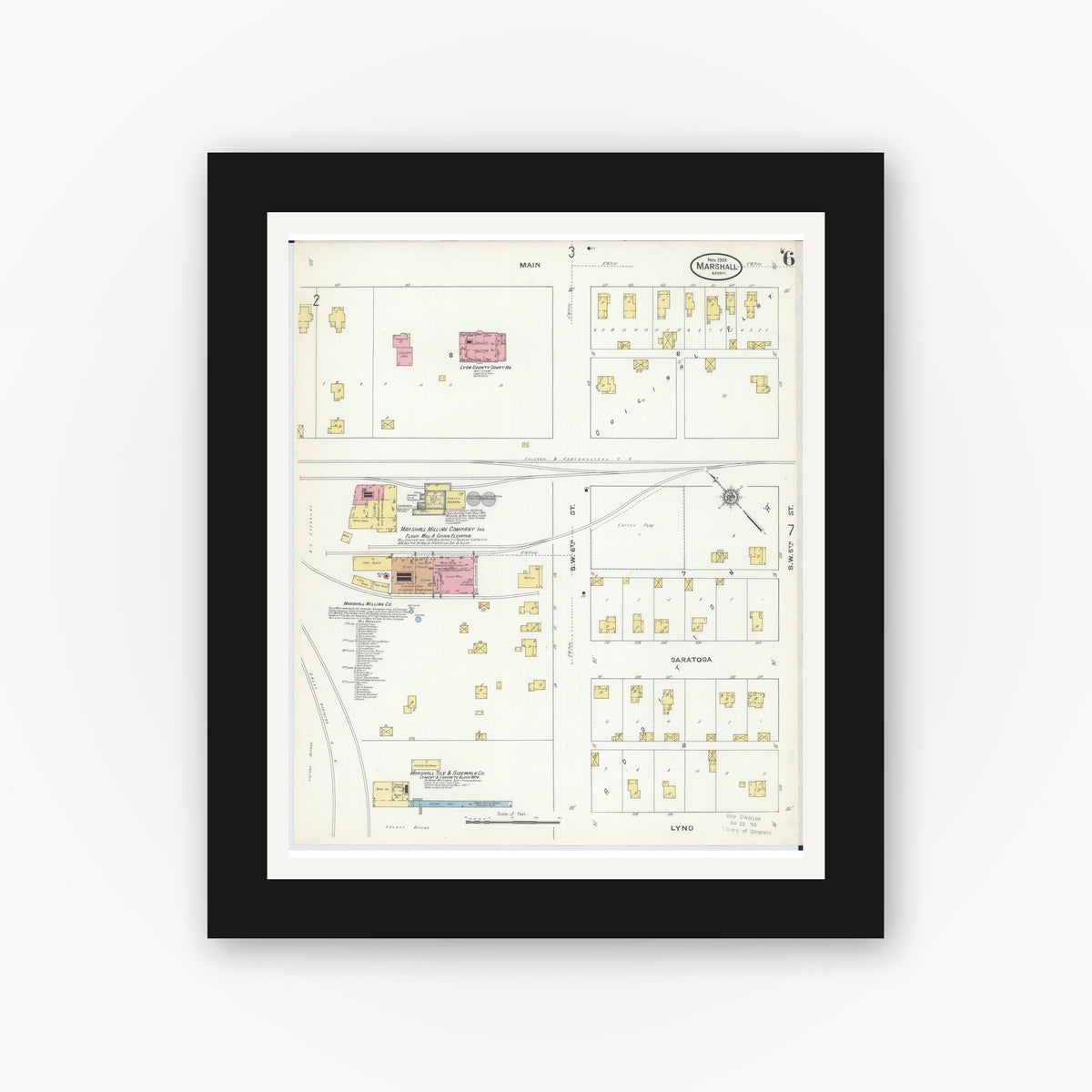 Old map wall art mockup — black gallery frame with white mat — Sanborn Fire Insurance Map from Marshall, Lyon County, Minnesota (1909), Sheet #0006