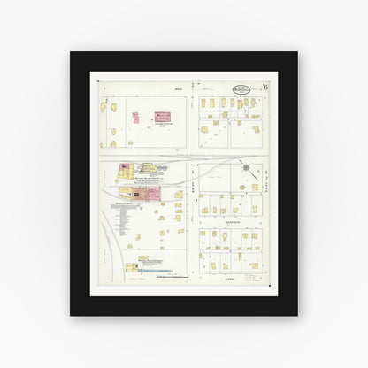 Old map wall art mockup — black gallery frame with white mat — Sanborn Fire Insurance Map from Marshall, Lyon County, Minnesota (1909), Sheet #0006