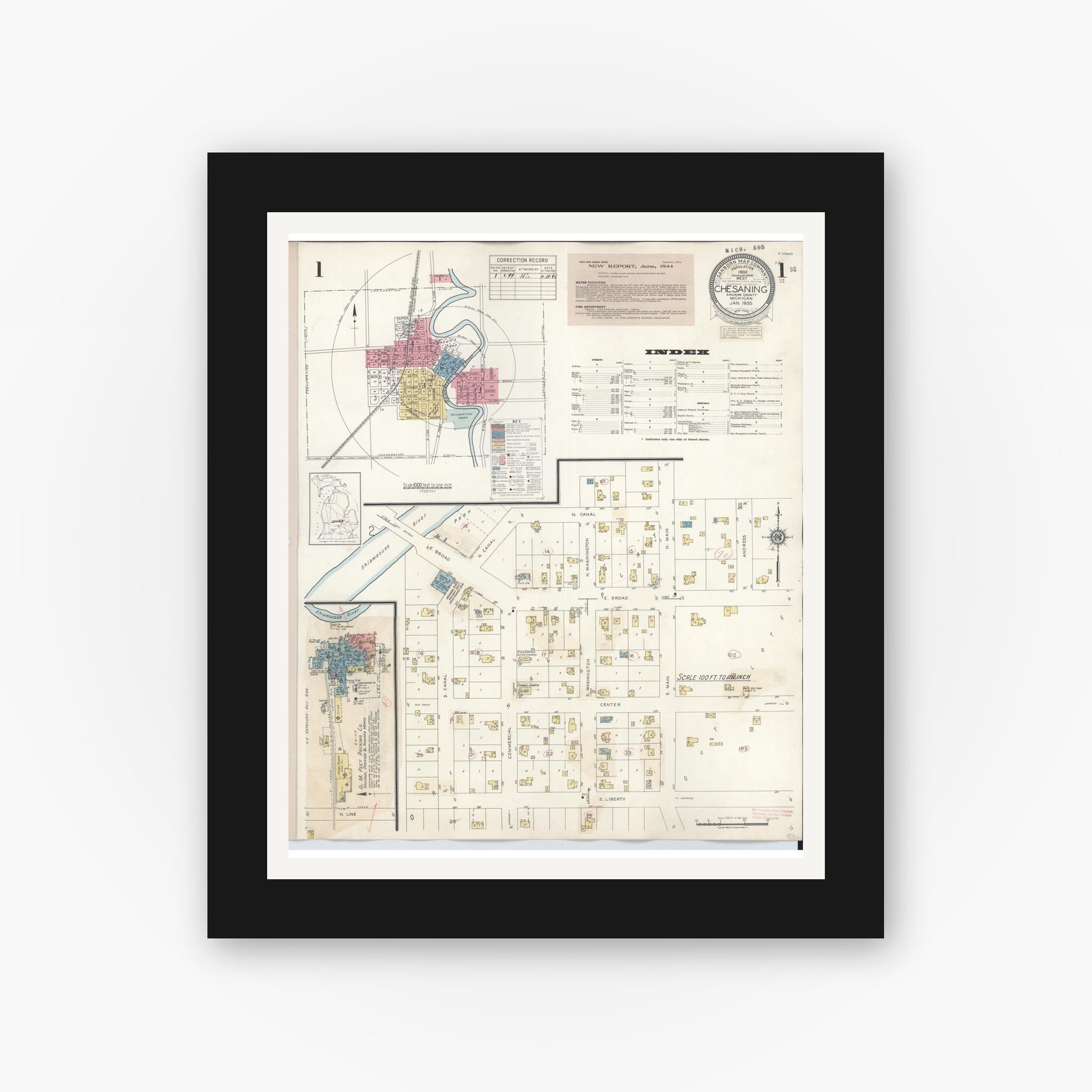 Old map wall art mockup — black gallery frame with white mat — Sanborn Fire Insurance Map from Chesaning, Saginaw County, Michigan (1944) - Complete Map Set