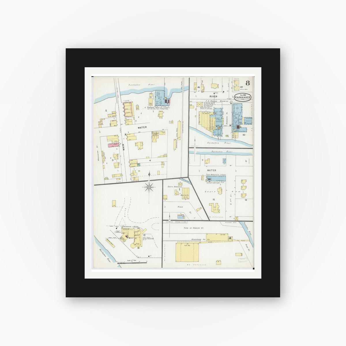 Old map wall art mockup — black gallery frame with white mat — Sanborn Fire Insurance Map from Kankakee, Kankakee County, Illinois (1896), Sheet #0008