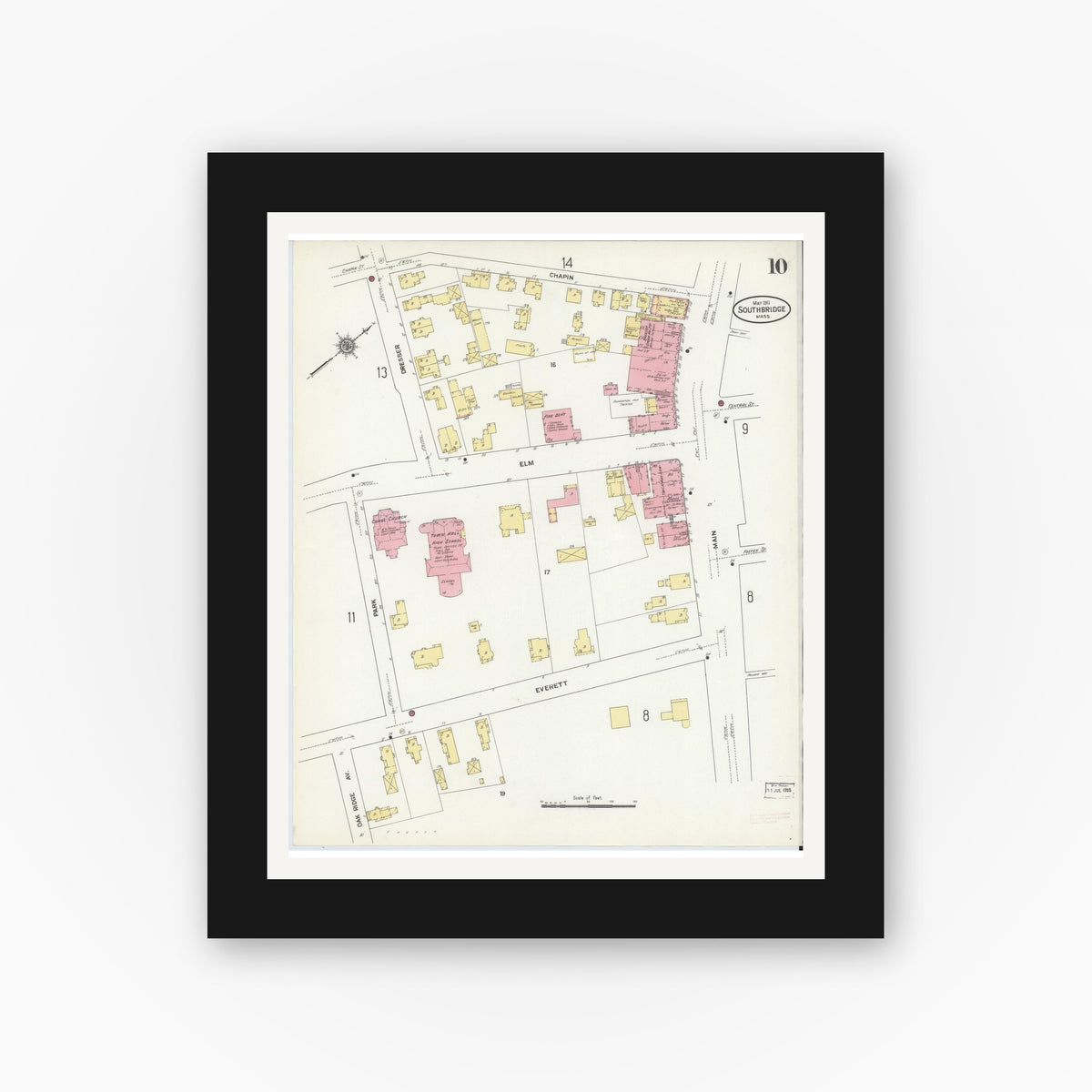 Old map wall art mockup — black gallery frame with white mat — Sanborn Fire Insurance Map from Southbridge, Worcester County, Massachusetts (1911), Sheet #0010