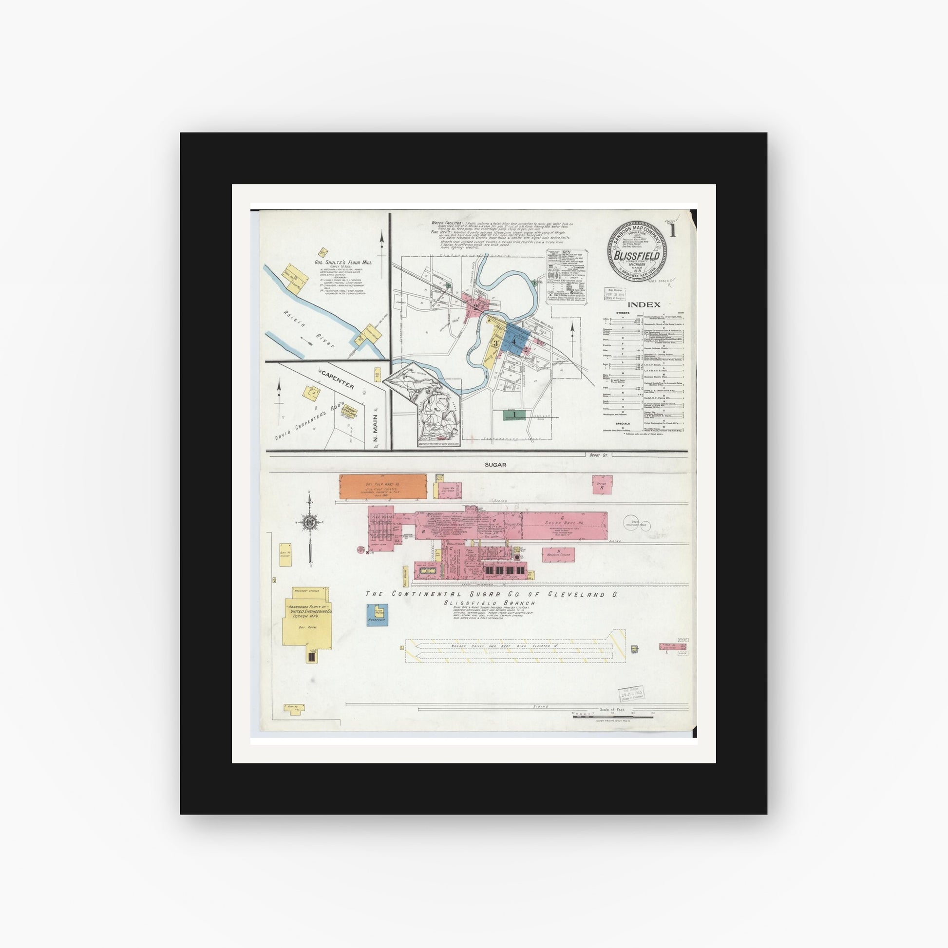 Old map wall art mockup — black gallery frame with white mat — Sanborn Fire Insurance Map from Blissfield, Lenawee County, Michigan (1919) - Complete Map Set