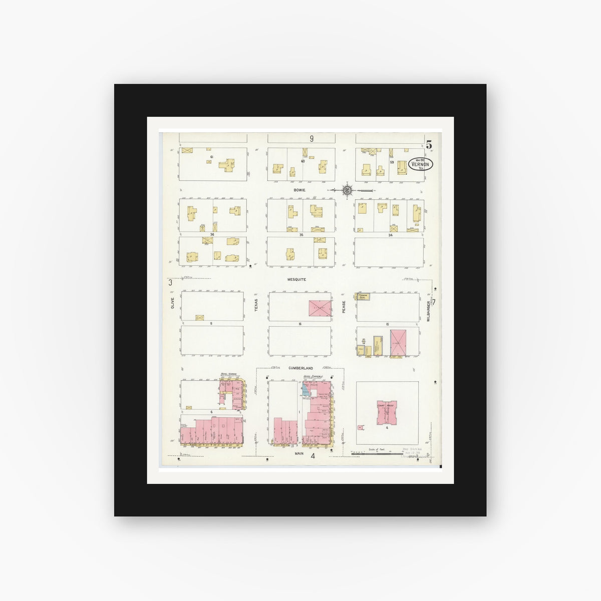 Old map wall art mockup — black gallery frame with white mat — Sanborn Fire Insurance Map from Vernon, Wilbarger County, Texas (1912), Sheet #0005