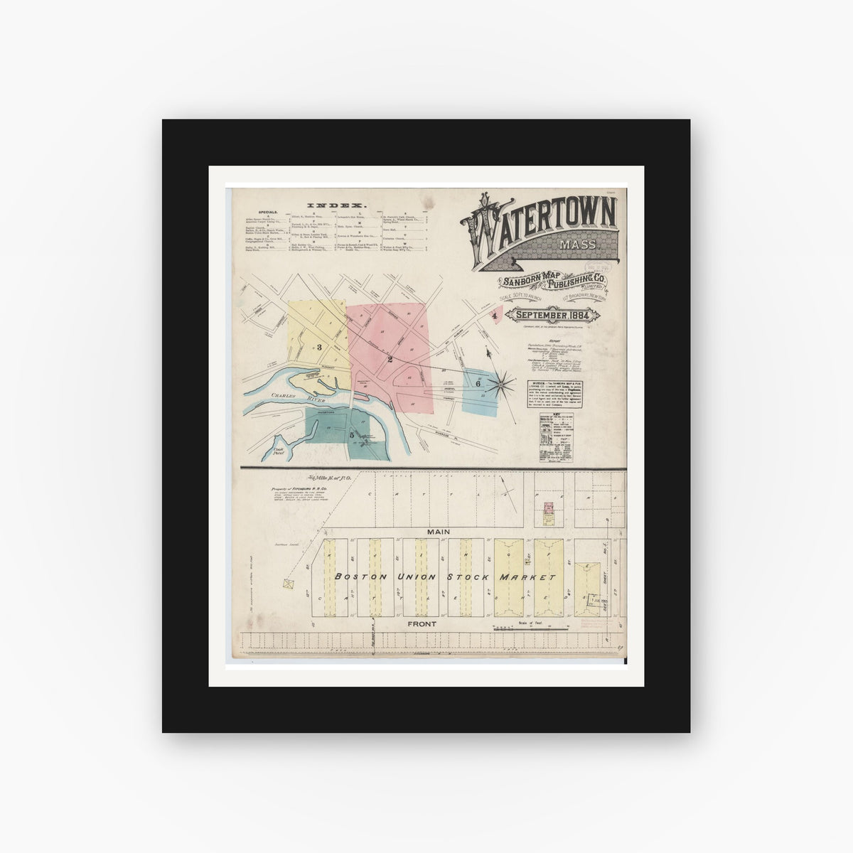 Old map wall art mockup — black gallery frame with white mat — Sanborn Fire Insurance Map from Watertown, Middlesex County, Massachusetts (1884) - Complete Map Set