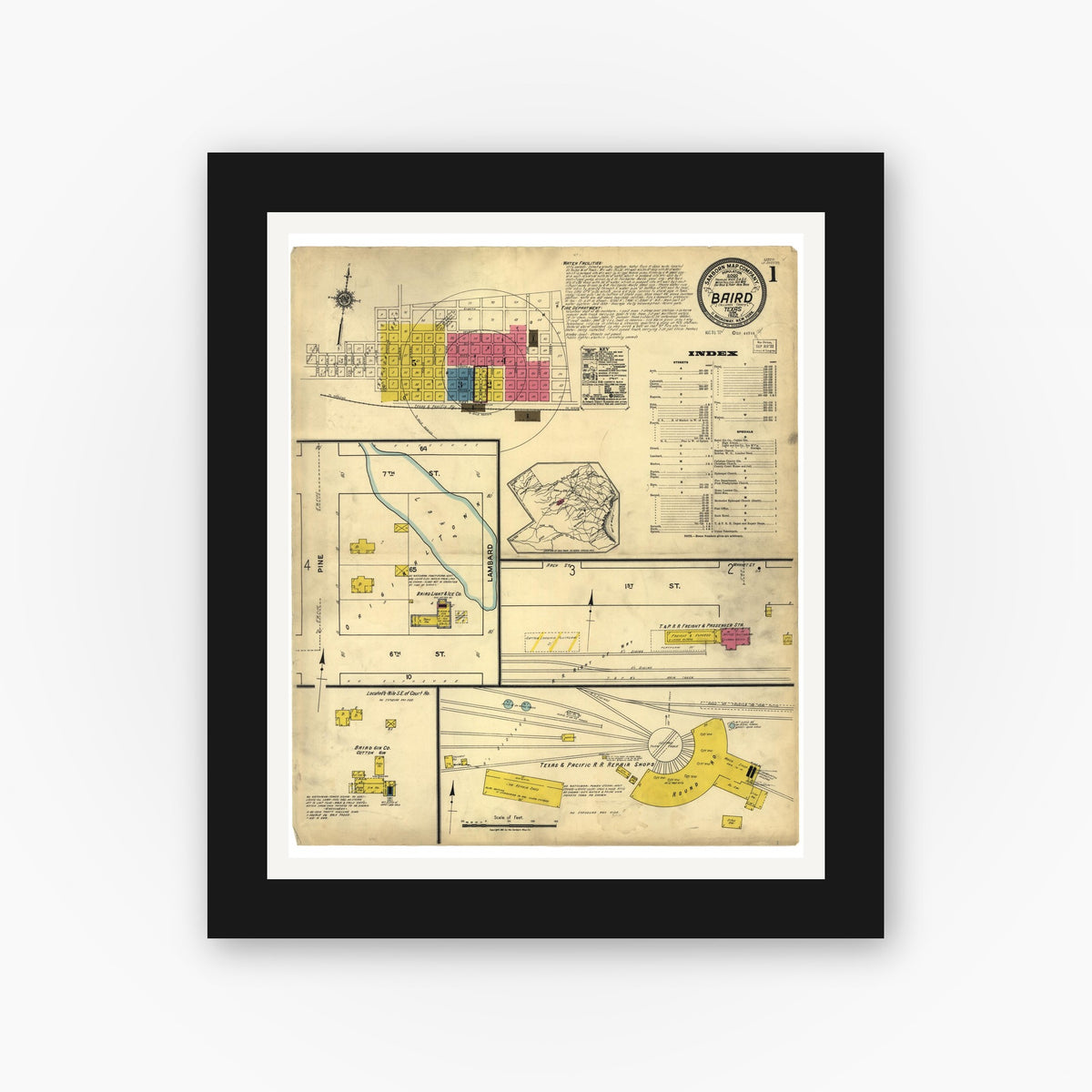 Old map wall art mockup — black gallery frame with white mat — Sanborn Fire Insurance Map from Baird, Callahan County, Texas (1922), Sheet #0001