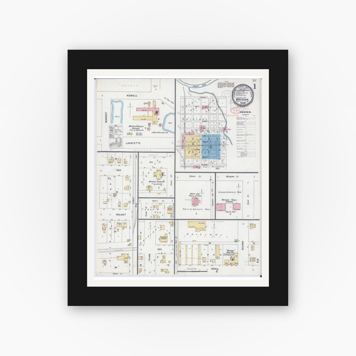 Old map wall art mockup — black gallery frame with white mat — Sanborn Fire Insurance Map from Watseka, Iroquois County, Illinois (1897) - Complete Map Set