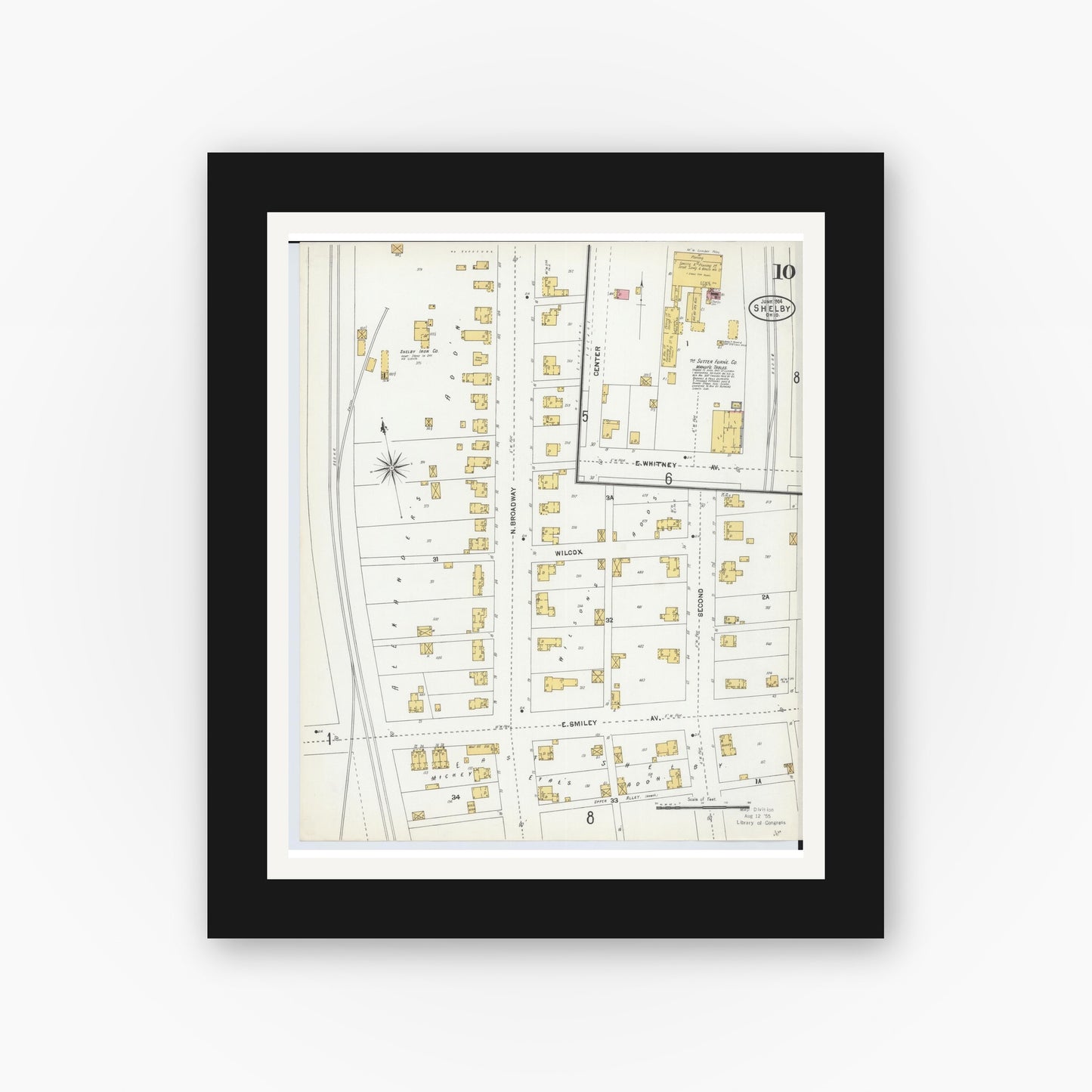 Old map wall art mockup — black gallery frame with white mat — Sanborn Fire Insurance Map from Shelby, Richland County, Ohio (1904), Sheet #0010