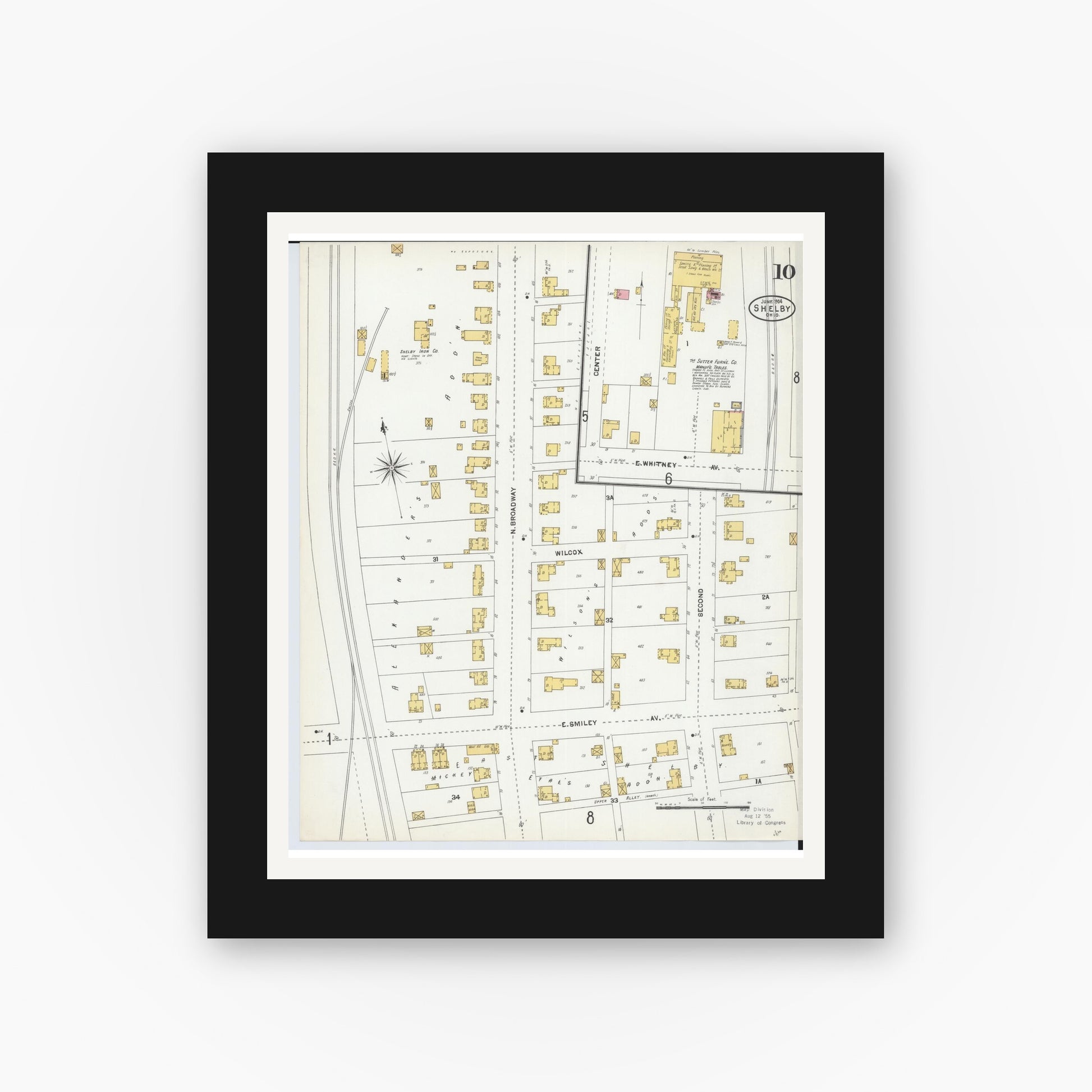 Old map wall art mockup — black gallery frame with white mat — Sanborn Fire Insurance Map from Shelby, Richland County, Ohio (1904), Sheet #0010