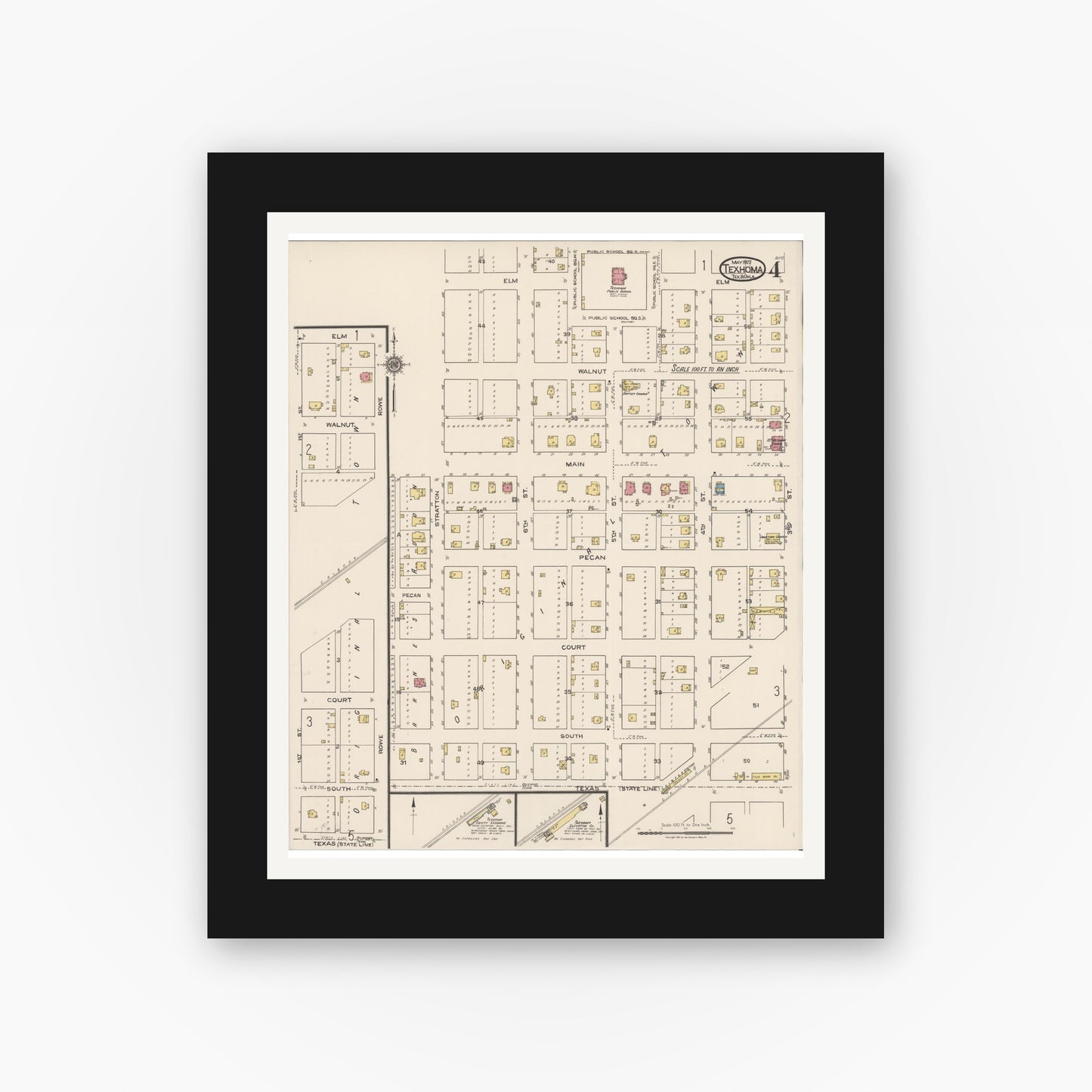 Old map wall art mockup — black gallery frame with white mat — Sanborn Fire Insurance Map from Texhoma, Texas County, Oklahoma and Sherman County, Texas, Texas (1922), Sheet #0004