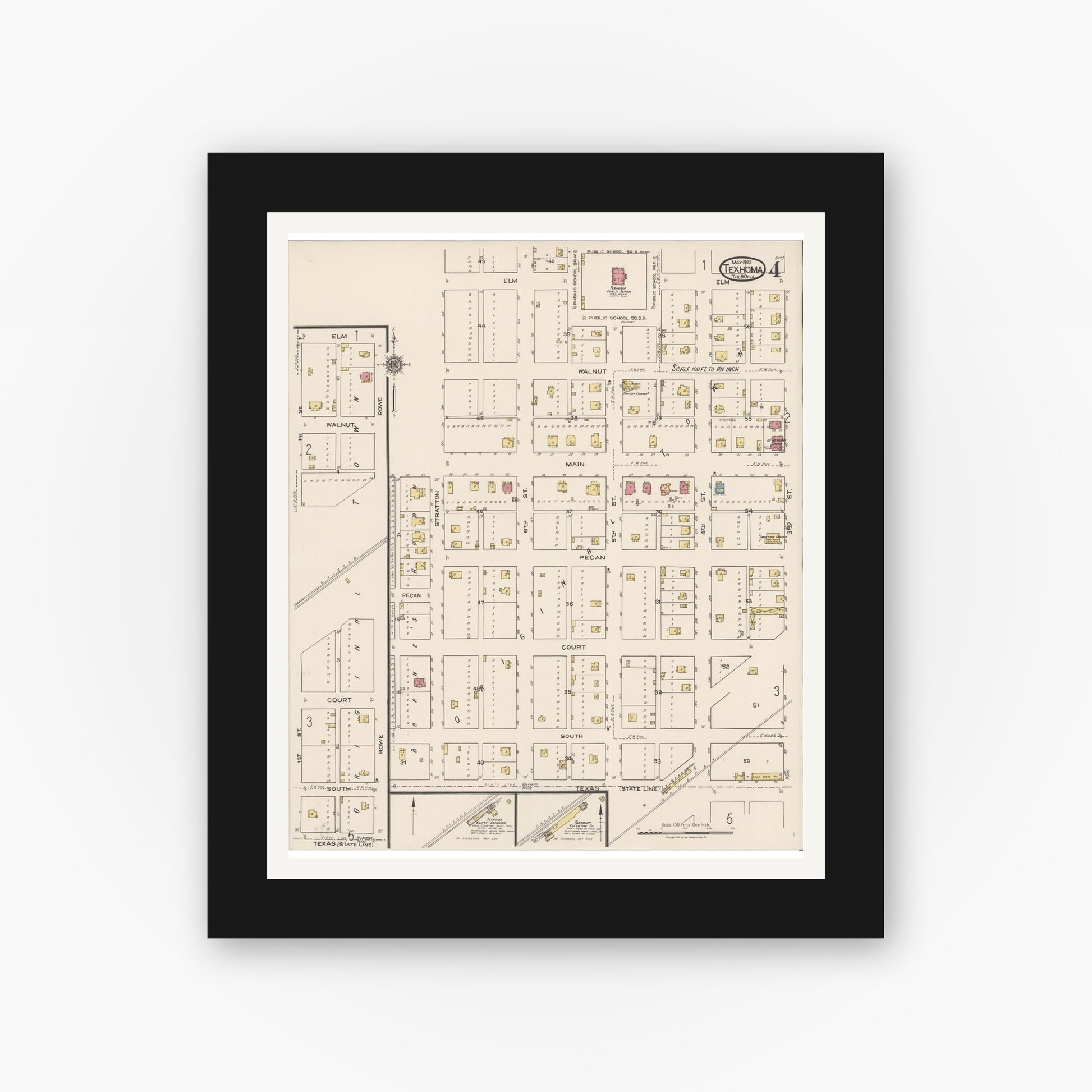 Old map wall art mockup — black gallery frame with white mat — Sanborn Fire Insurance Map from Texhoma, Texas County, Oklahoma and Sherman County, Texas, Texas (1922), Sheet #0004