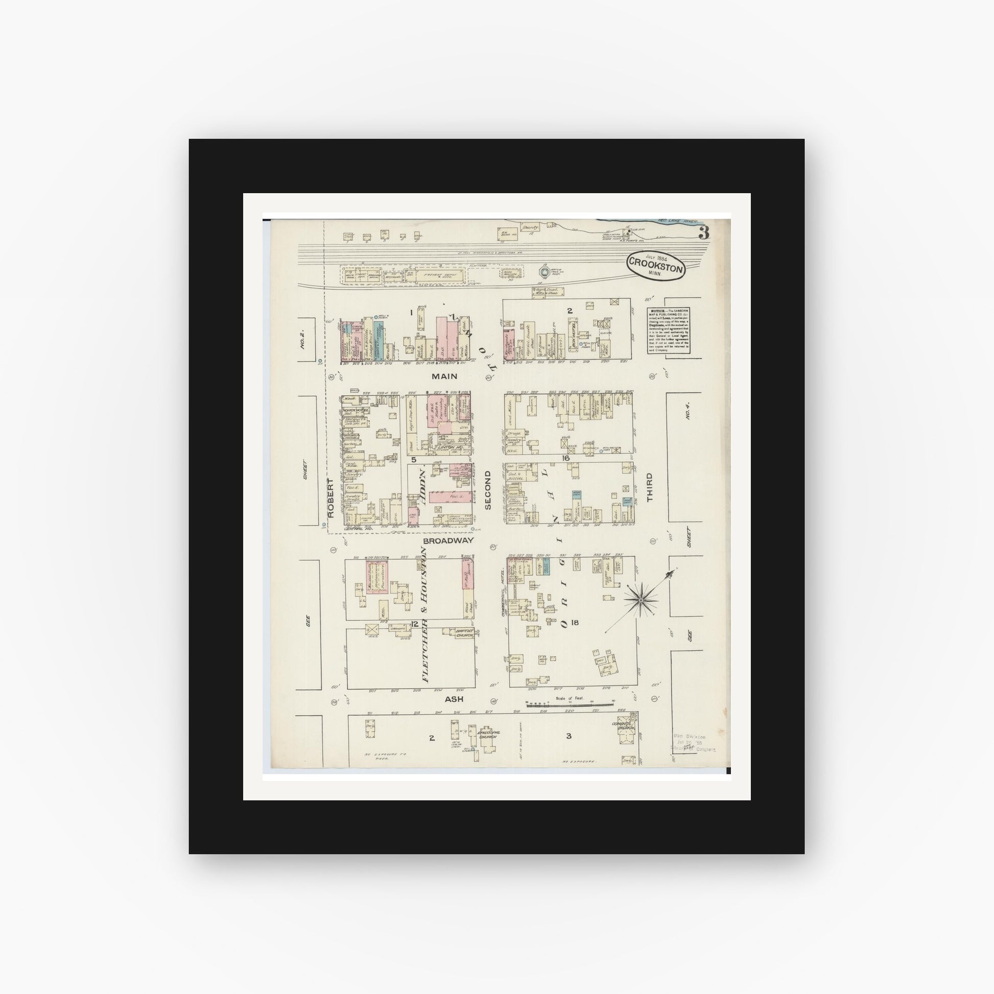 Old map wall art mockup — black gallery frame with white mat — Sanborn Fire Insurance Map from Crookston, Polk County, Minnesota (1884), Sheet #0003