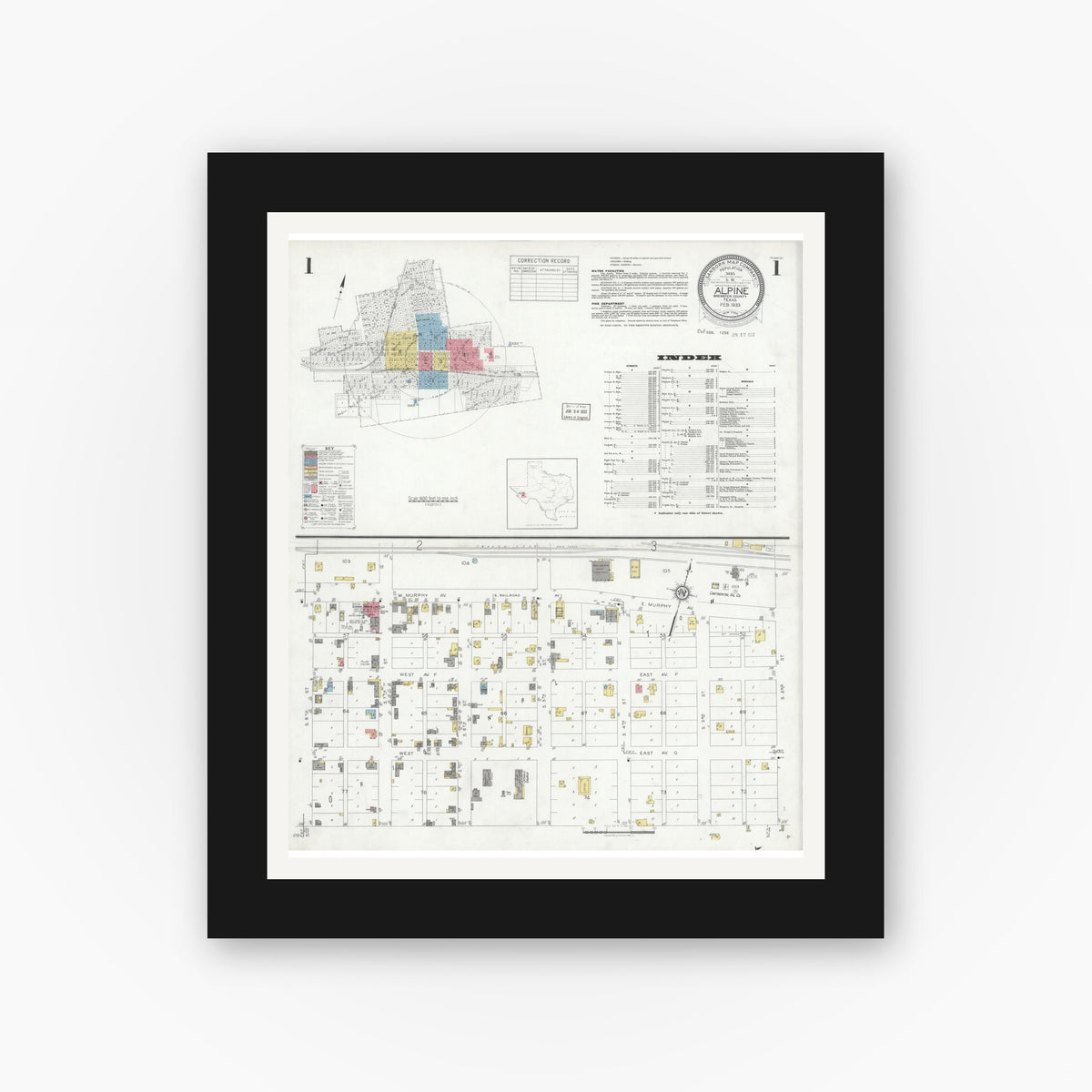 Old map wall art mockup — black gallery frame with white mat — Sanborn Fire Insurance Map from Alpine, Brewster County, Texas (1933) - Complete Map Set