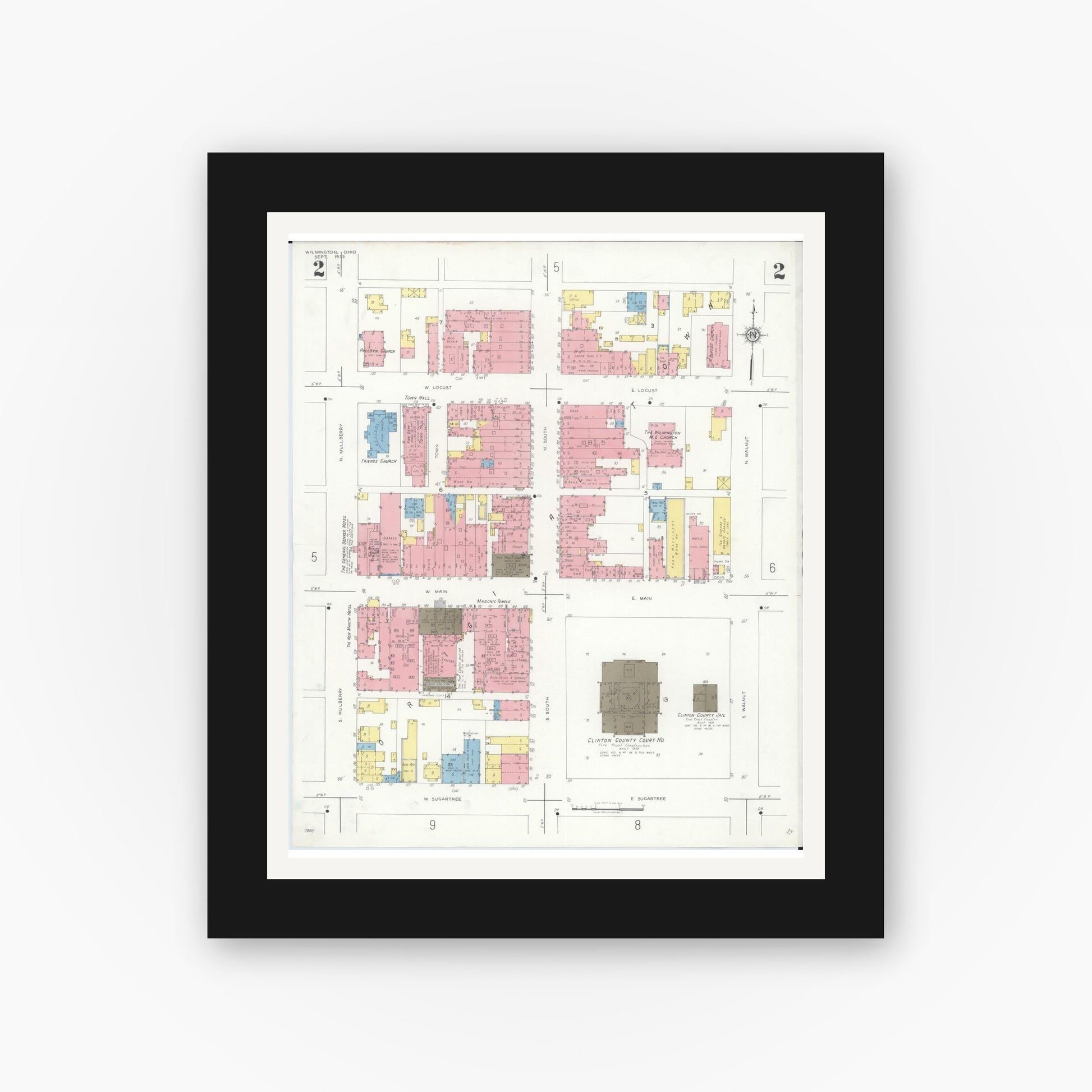 Old map wall art mockup — black gallery frame with white mat — Sanborn Fire Insurance Map from Wilmington, Clinton County, Ohio (1933), Sheet #0002