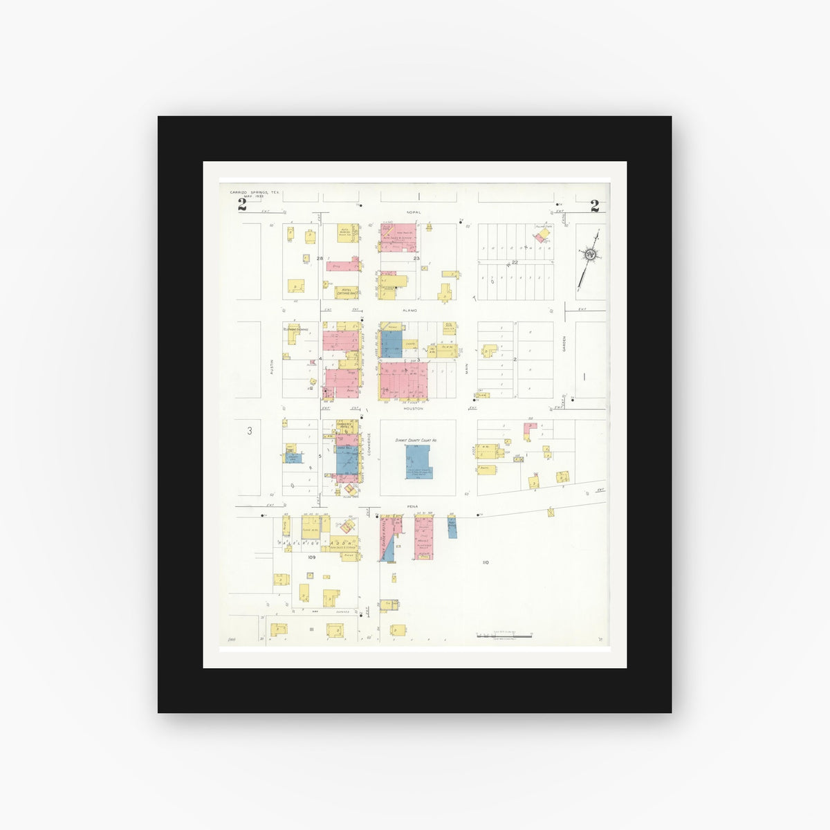 Old map wall art mockup — black gallery frame with white mat — Sanborn Fire Insurance Map from Carrizo Springs, Dimmit County, Texas (1933), Sheet #0002