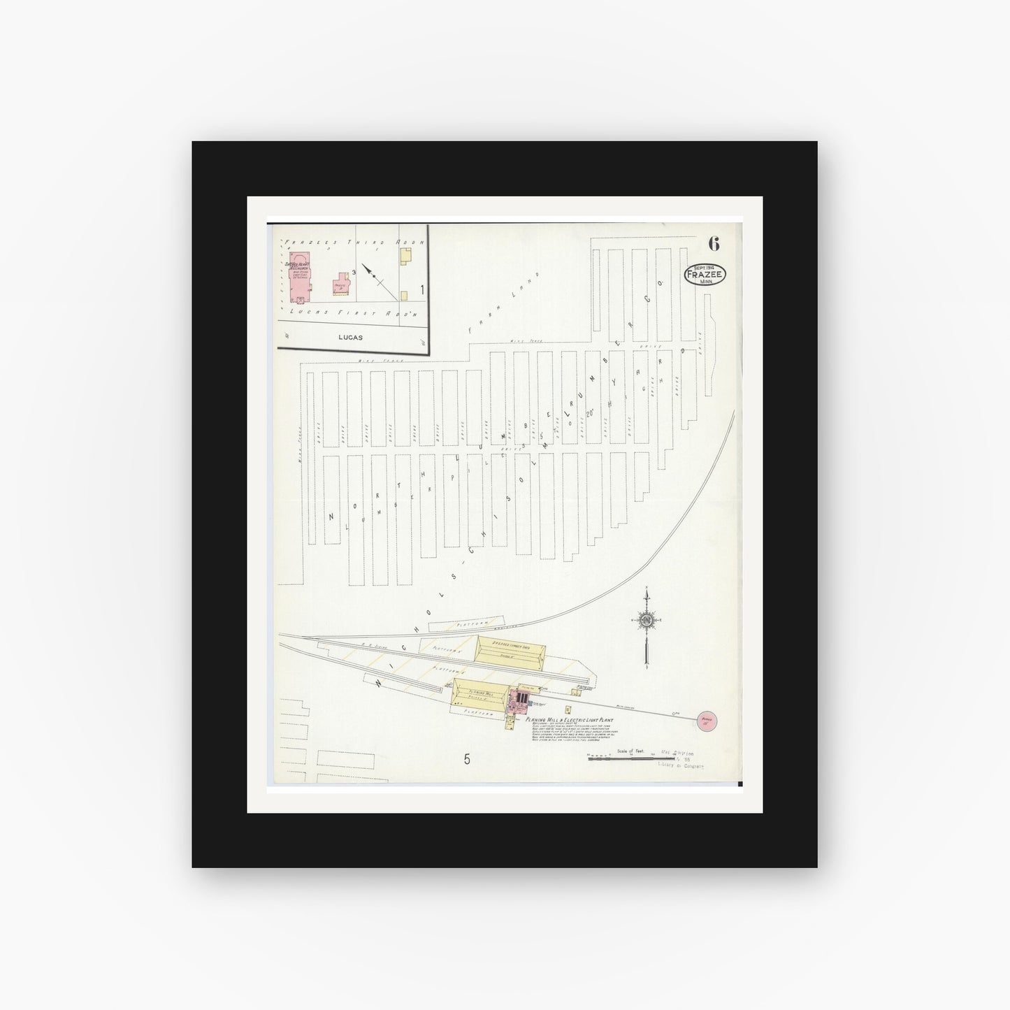 Old map wall art mockup — black gallery frame with white mat — Sanborn Fire Insurance Map from Frazee, Becker County, Minnesota (1914), Sheet #0006