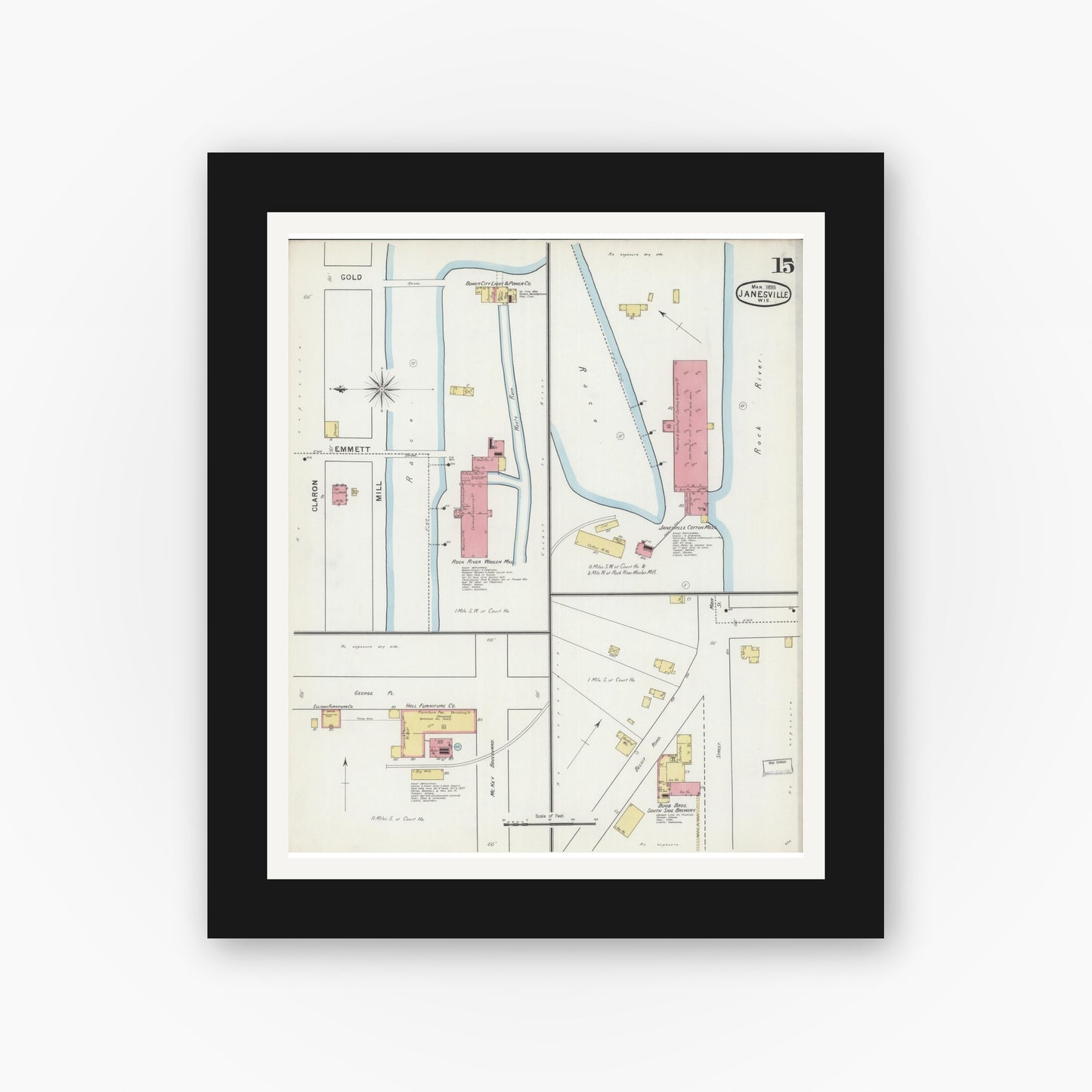 Old map wall art mockup — black gallery frame with white mat — Sanborn Fire Insurance Map from Janesville, Rock County, Wisconsin (1895), Sheet #0015