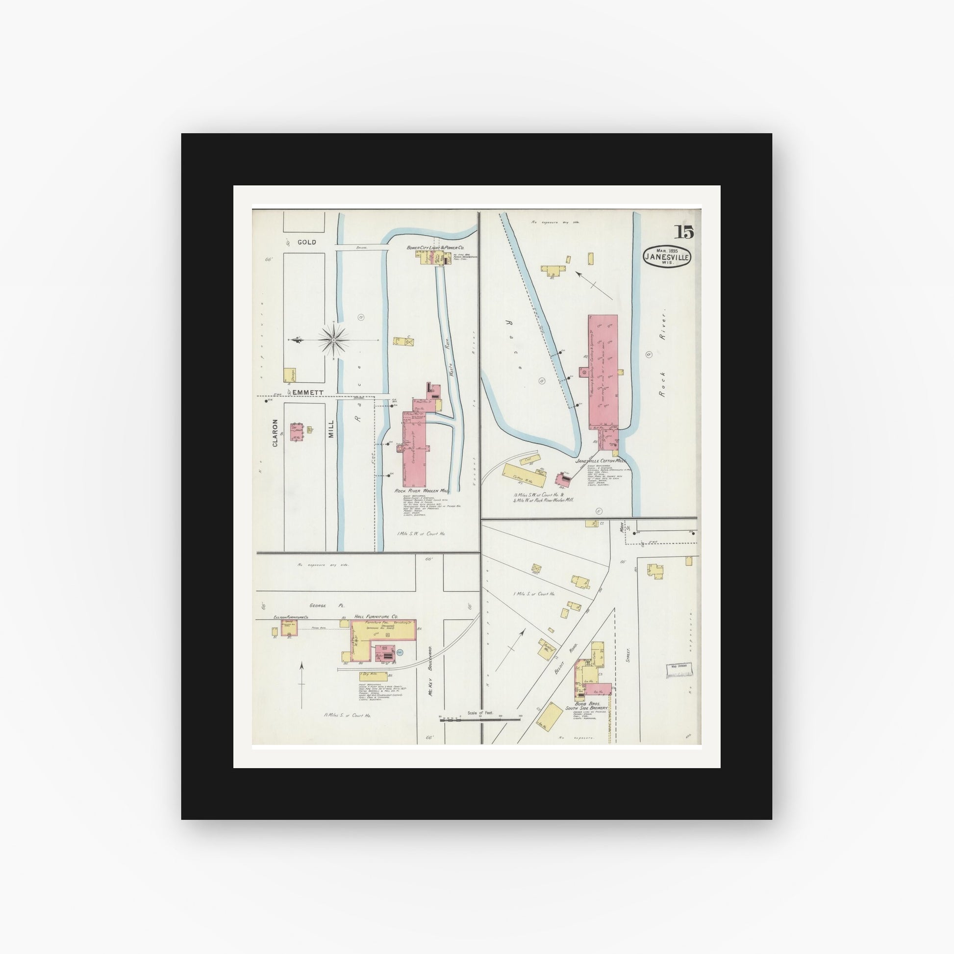 Old map wall art mockup — black gallery frame with white mat — Sanborn Fire Insurance Map from Janesville, Rock County, Wisconsin (1895), Sheet #0015
