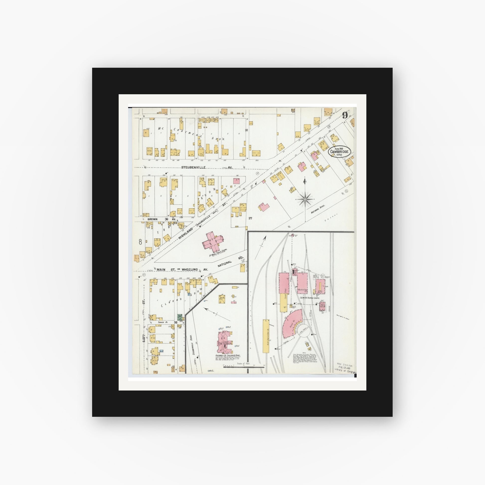 Old map wall art mockup — black gallery frame with white mat — Sanborn Fire Insurance Map from Cambridge, Guernsey County, Ohio (1901), Sheet #0009