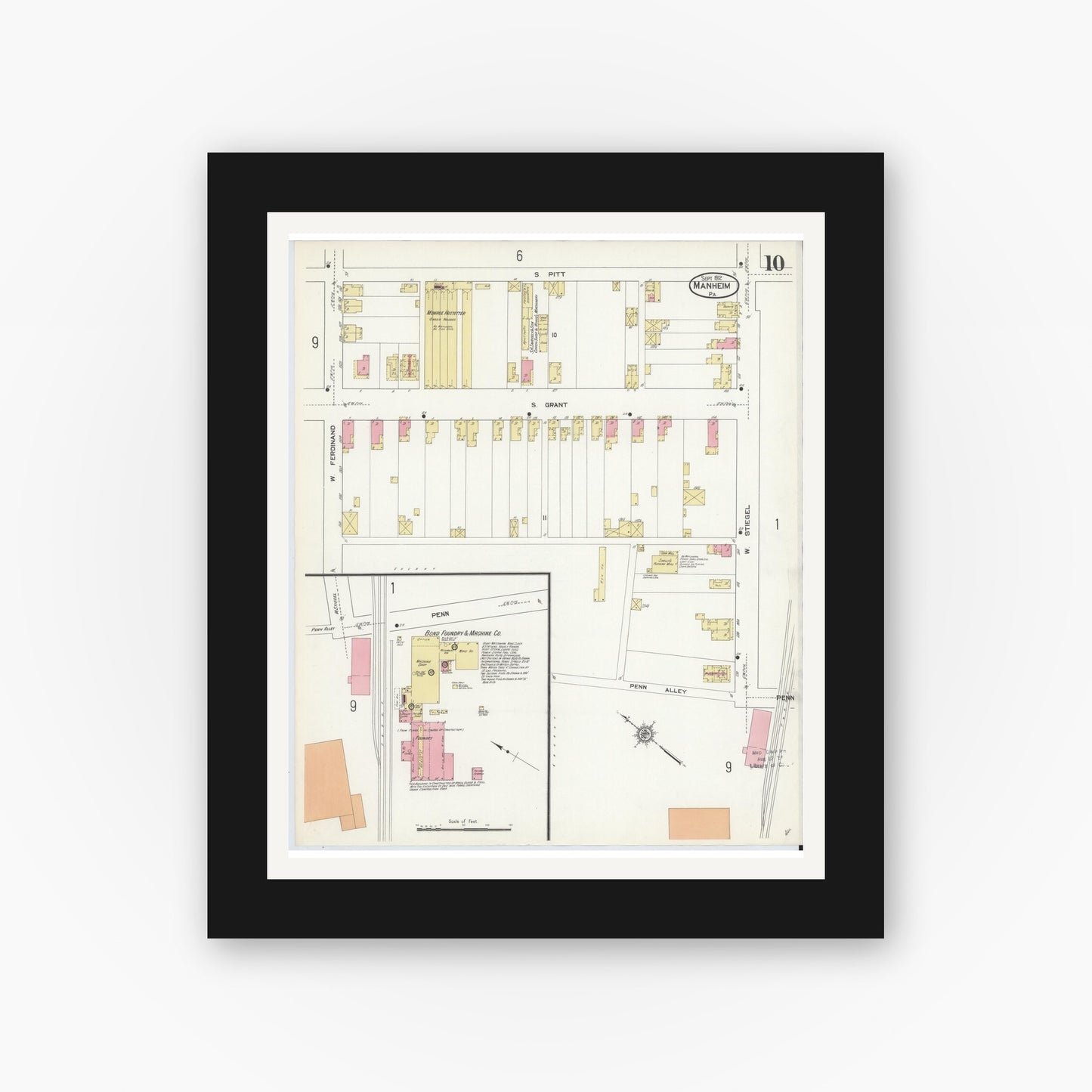 Old map wall art mockup — black gallery frame with white mat — Sanborn Fire Insurance Map from Manheim, Lancaster County, Pennsylvania (1912), Sheet #0010