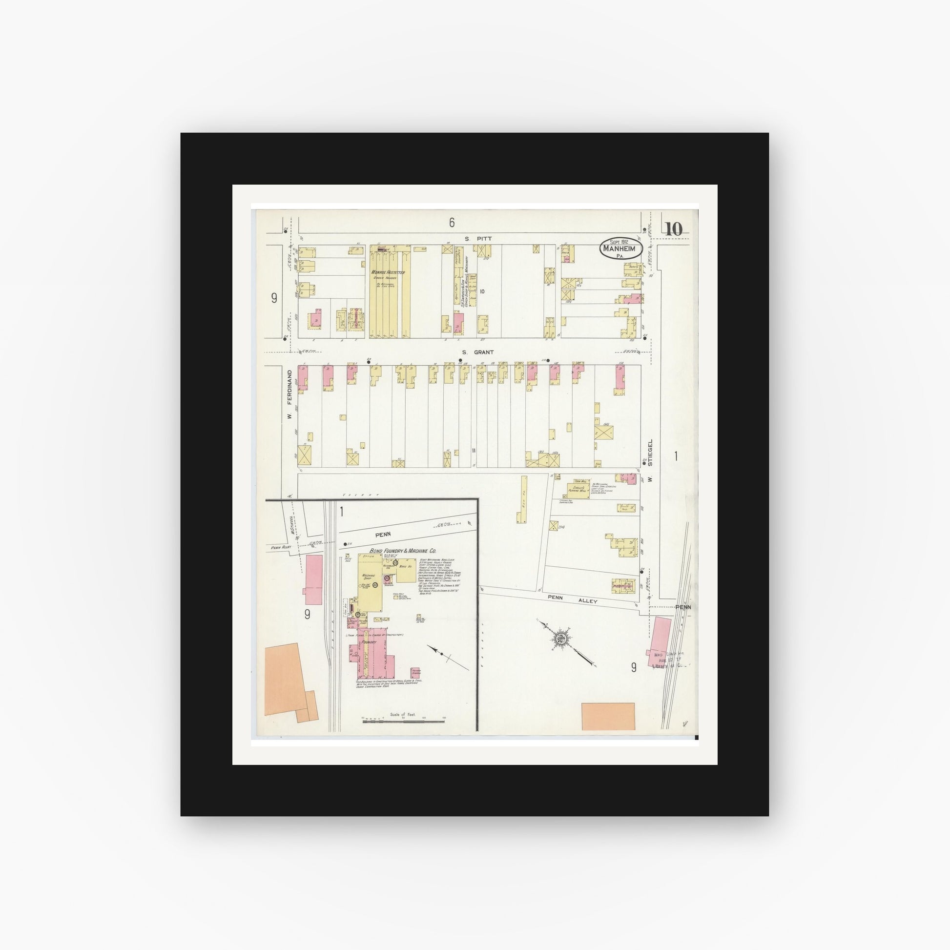 Old map wall art mockup — black gallery frame with white mat — Sanborn Fire Insurance Map from Manheim, Lancaster County, Pennsylvania (1912), Sheet #0010