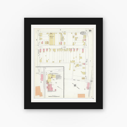 Old map wall art mockup — black gallery frame with white mat — Sanborn Fire Insurance Map from Manheim, Lancaster County, Pennsylvania (1912), Sheet #0010