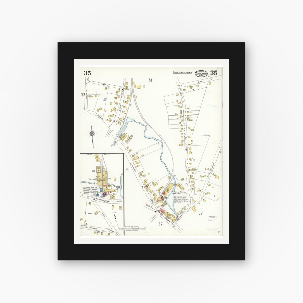 Old map wall art mockup — black gallery frame with white mat — Sanborn Fire Insurance Map from Gardner, Worcester County, Massachusetts (1923), Sheet #0035