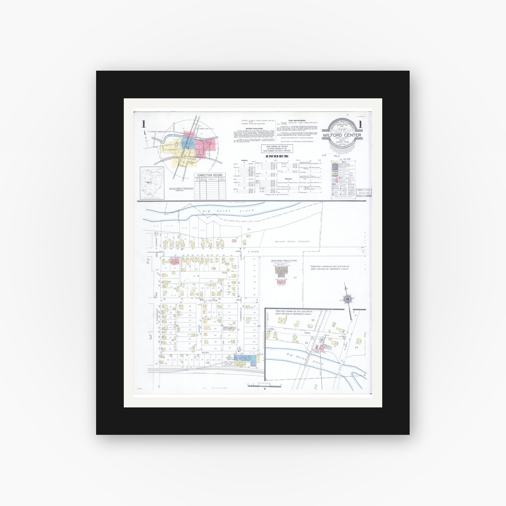 Old map wall art mockup — black gallery frame with white mat — Sanborn Fire Insurance Map from Milford Center, Union County, Ohio (1946) - Complete Map Set