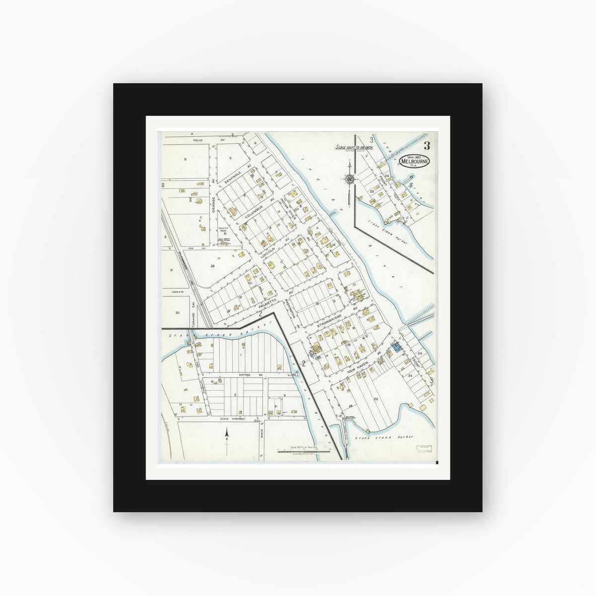 Old map wall art mockup — black gallery frame with white mat — Sanborn Fire Insurance Map from Melbourne, Brevard County, Florida (1920), Sheet #0003