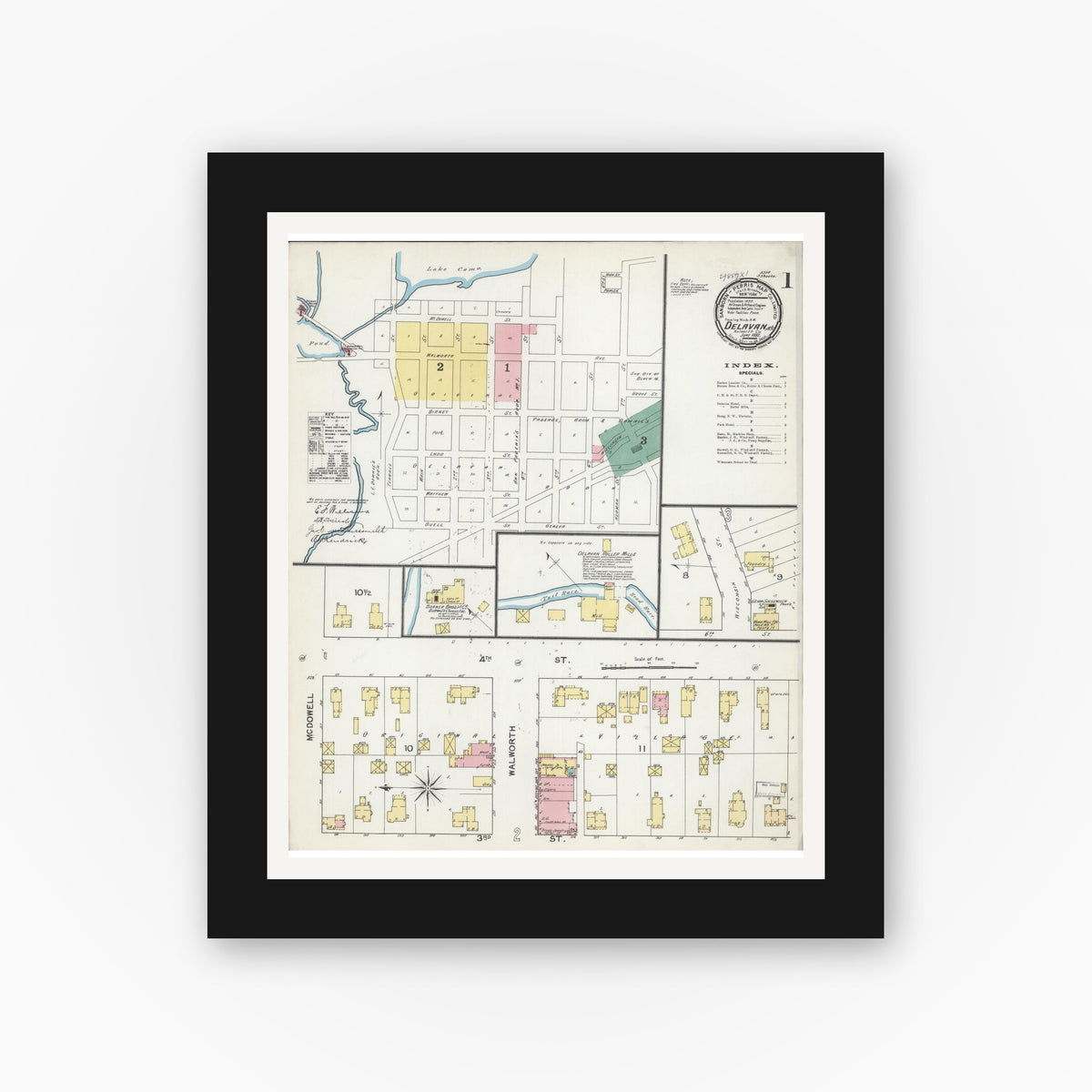 Old map wall art mockup — black gallery frame with white mat — Sanborn Fire Insurance Map from Delavan, Walworth County, Wisconsin (1892), Sheet #0001