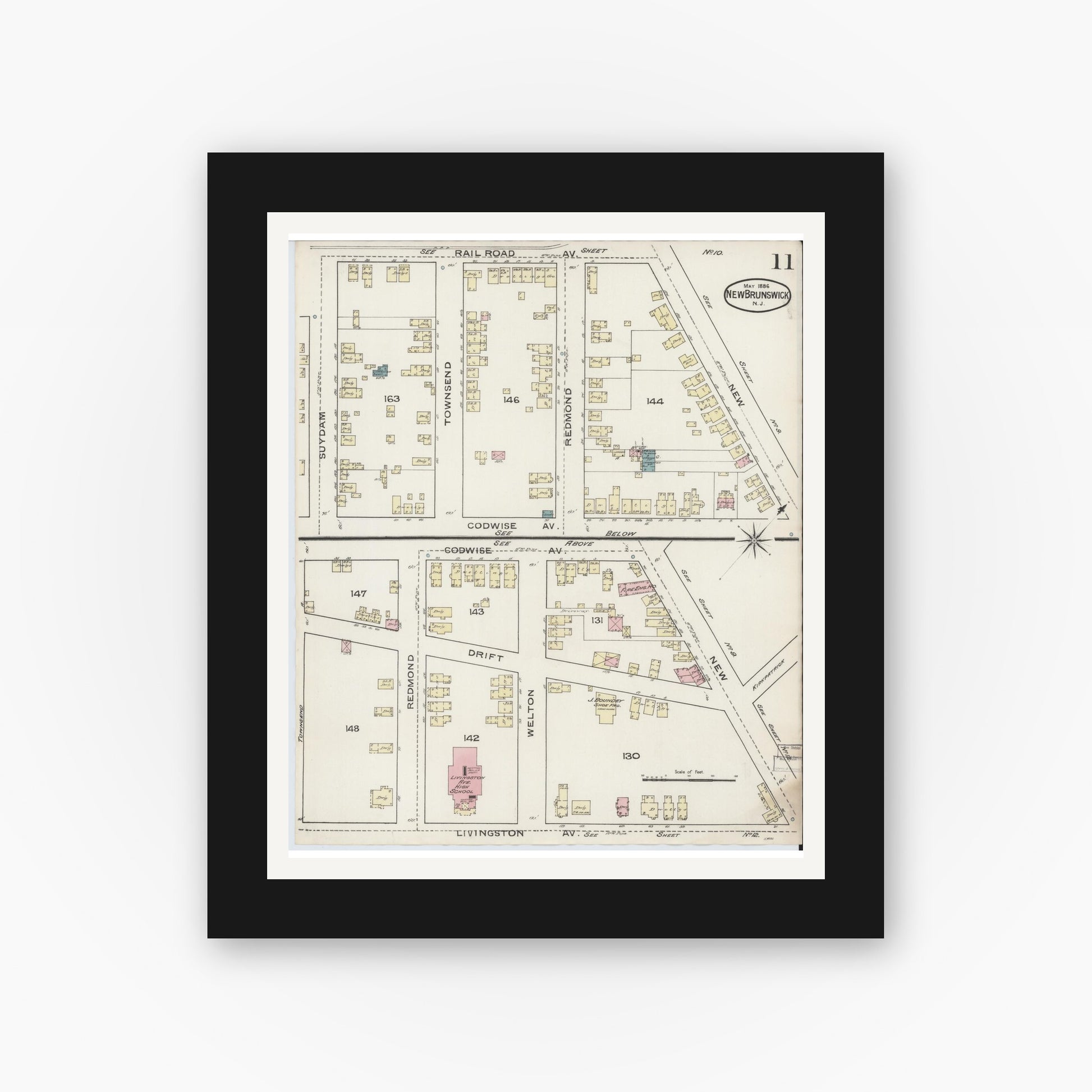 Old map wall art mockup — black gallery frame with white mat — Sanborn Fire Insurance Map from New Brunswick, Middlesex County, New Jersey (1886), Sheet #0011