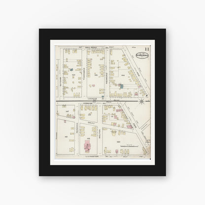Old map wall art mockup — black gallery frame with white mat — Sanborn Fire Insurance Map from New Brunswick, Middlesex County, New Jersey (1886), Sheet #0011