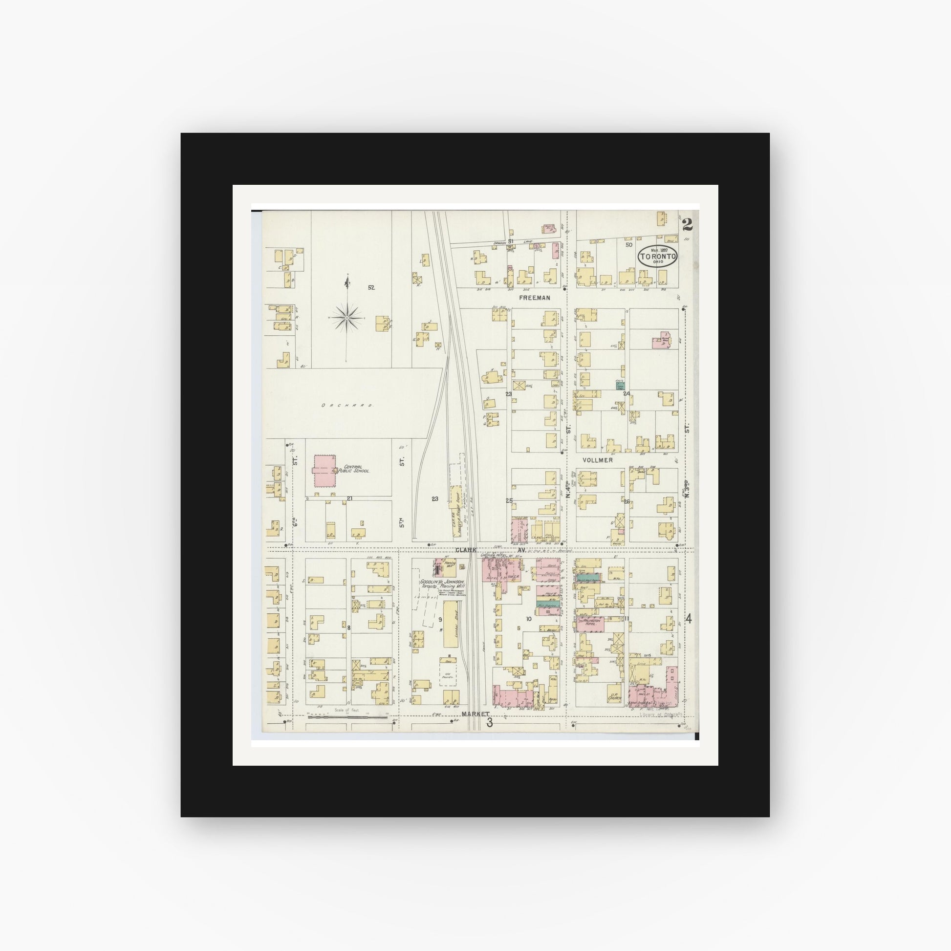 Old map wall art mockup — black gallery frame with white mat — Sanborn Fire Insurance Map from Toronto, Jefferson County, Ohio (1897), Sheet #0002