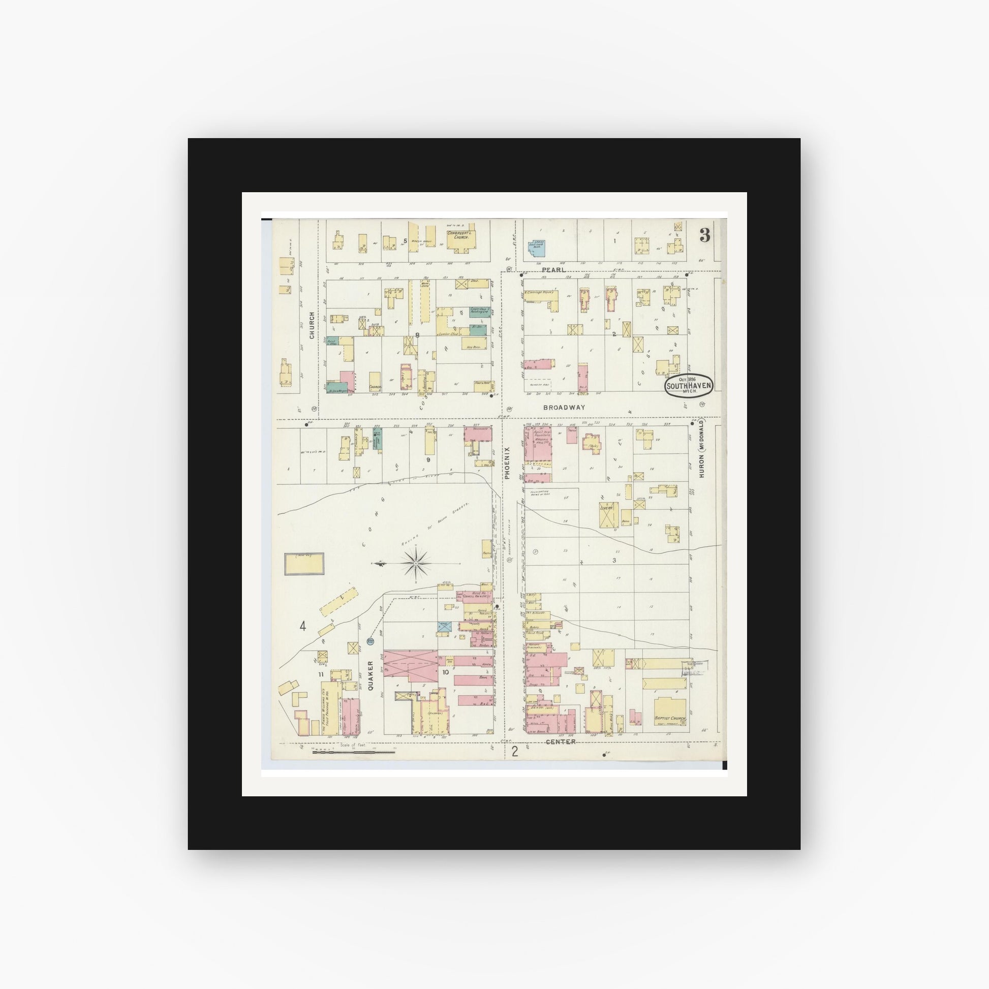 Old map wall art mockup — black gallery frame with white mat — Sanborn Fire Insurance Map from South Haven, Van Buren County, Michigan (1896), Sheet #0003