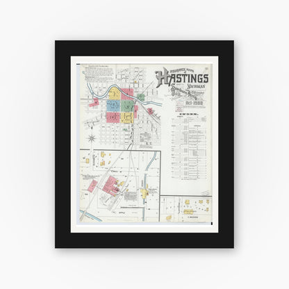 Old map wall art mockup — black gallery frame with white mat — Sanborn Fire Insurance Map from Hastings, Barry County, Michigan (1900) - Complete Map Set