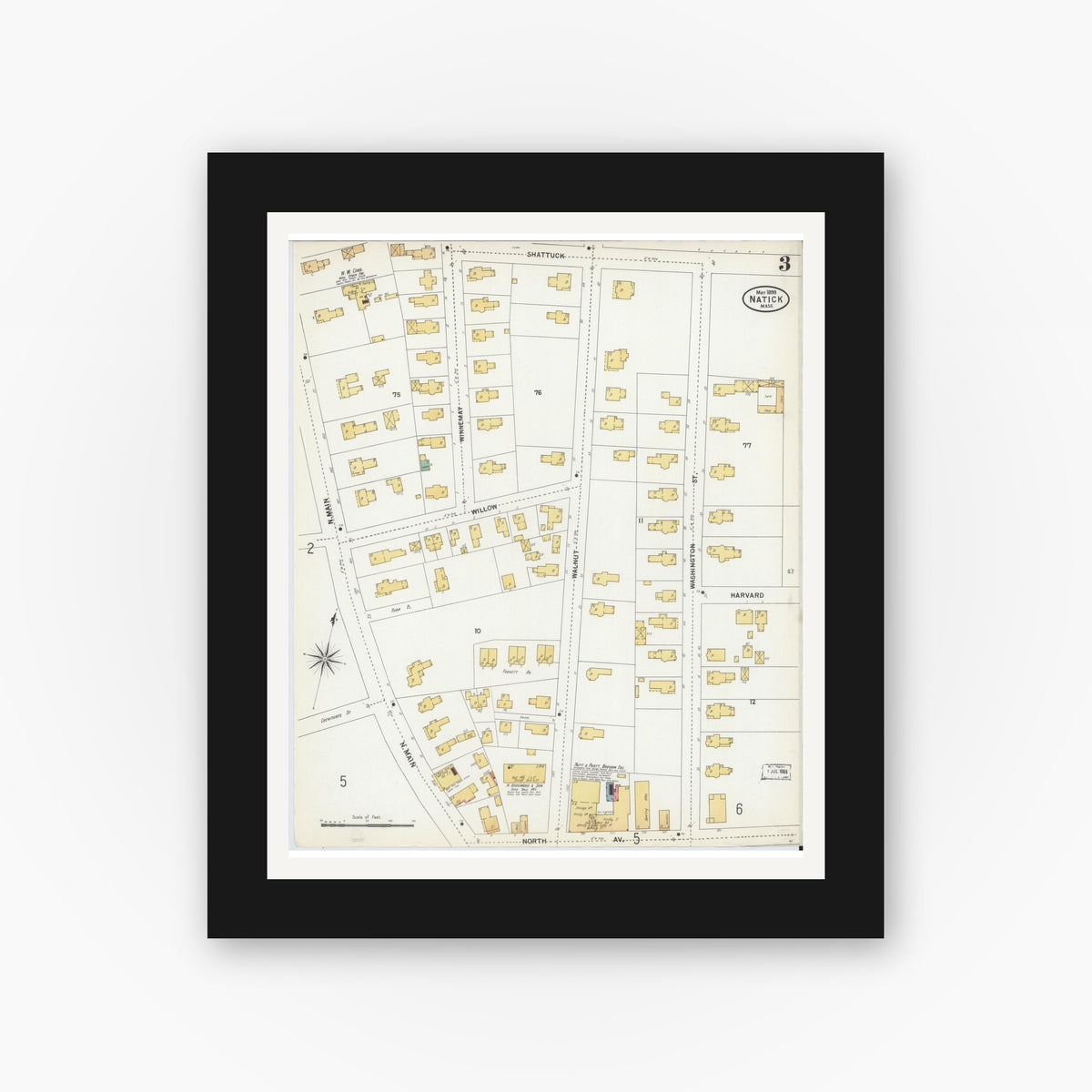 Old map wall art mockup — black gallery frame with white mat — Sanborn Fire Insurance Map from Natick, Middlesex County, Massachusetts (1899), Sheet #0003