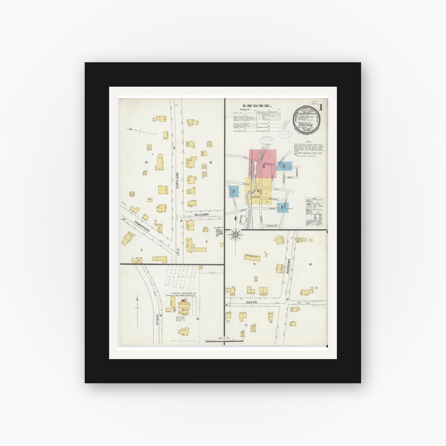Old map wall art mockup — black gallery frame with white mat — Sanborn Fire Insurance Map from Groton, Tomkins County, New York (1898) - Complete Map Set
