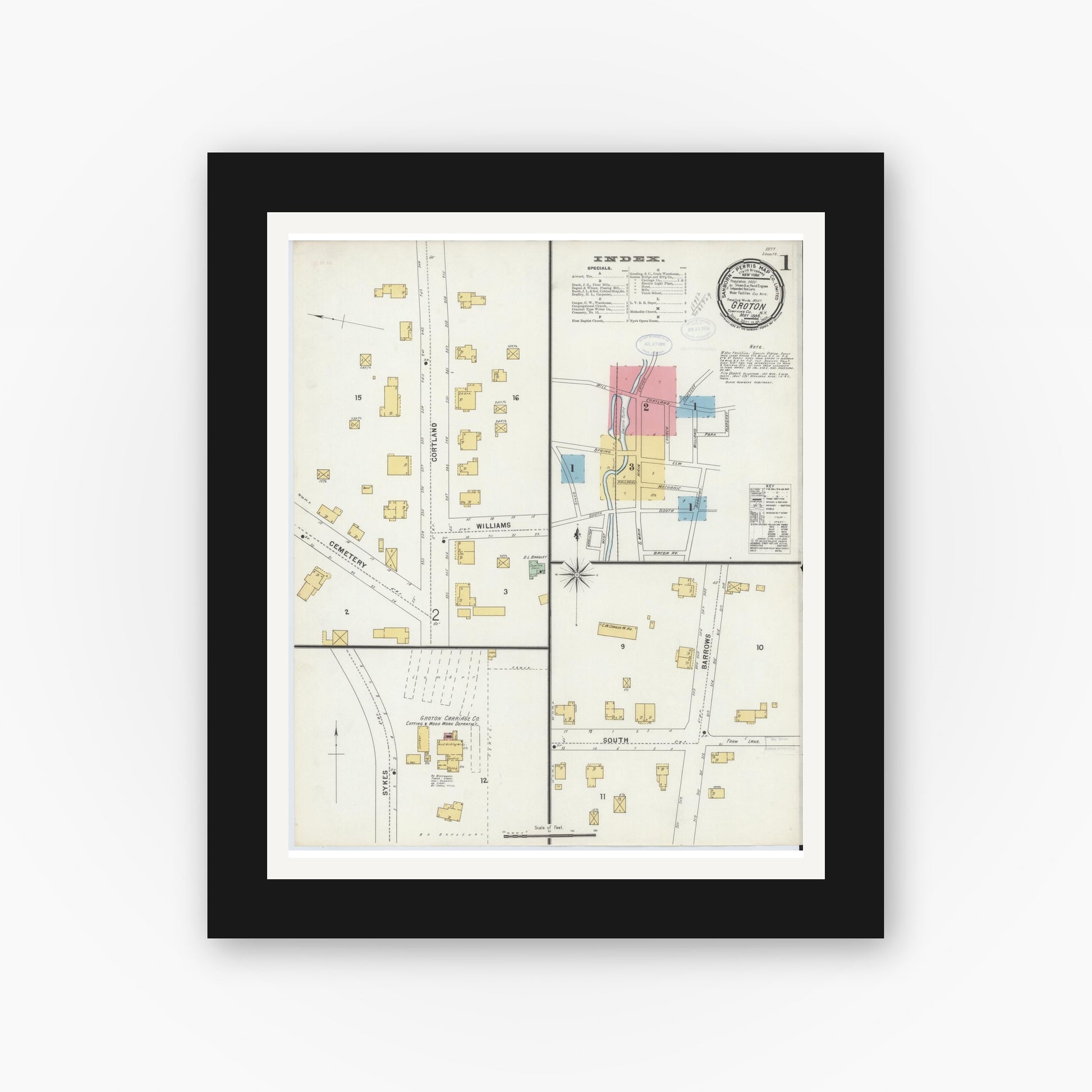 Old map wall art mockup — black gallery frame with white mat — Sanborn Fire Insurance Map from Groton, Tomkins County, New York (1898) - Complete Map Set