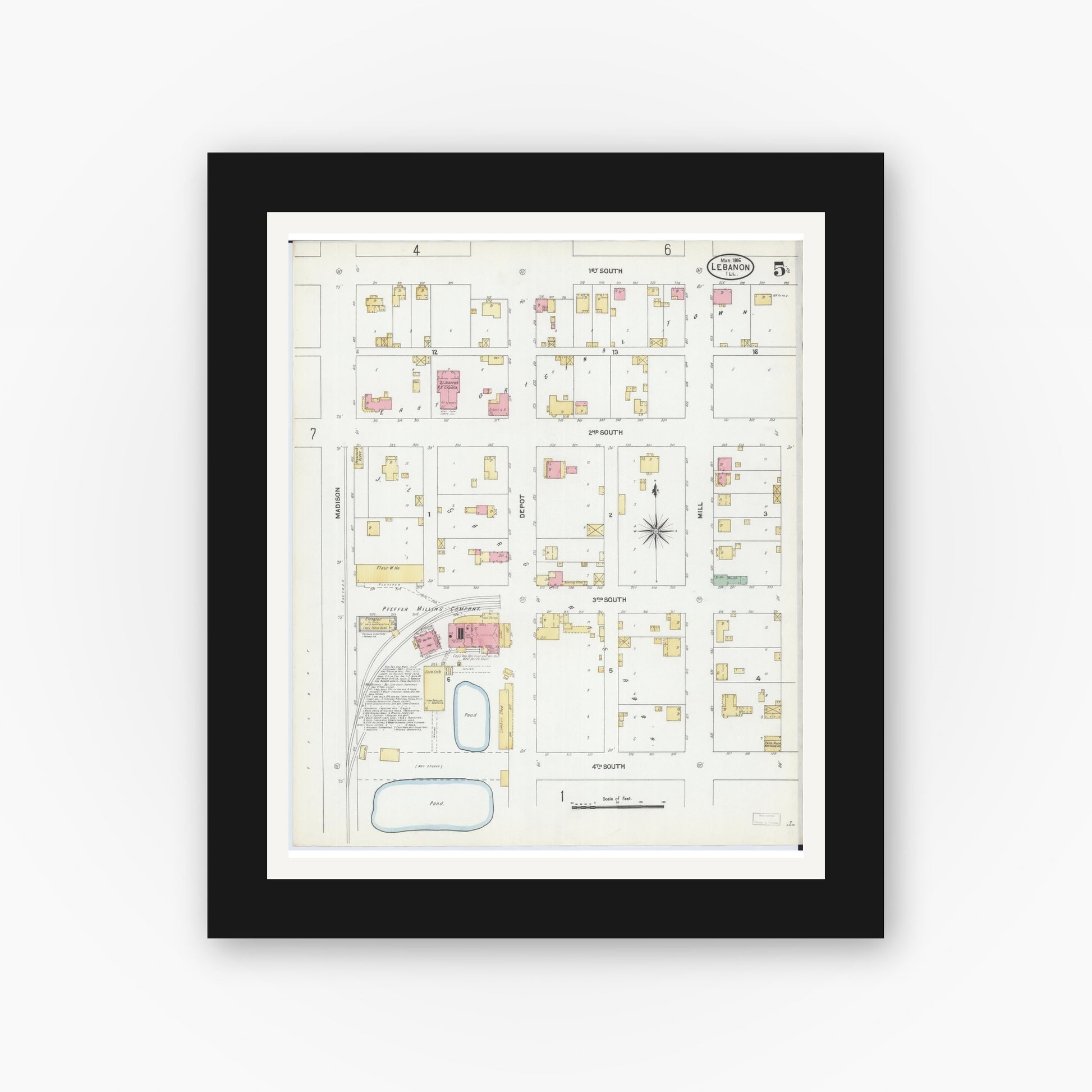 Old map wall art mockup — black gallery frame with white mat — Sanborn Fire Insurance Map from Lebanon, Saint Clair County, Illinois (1906), Sheet #0005