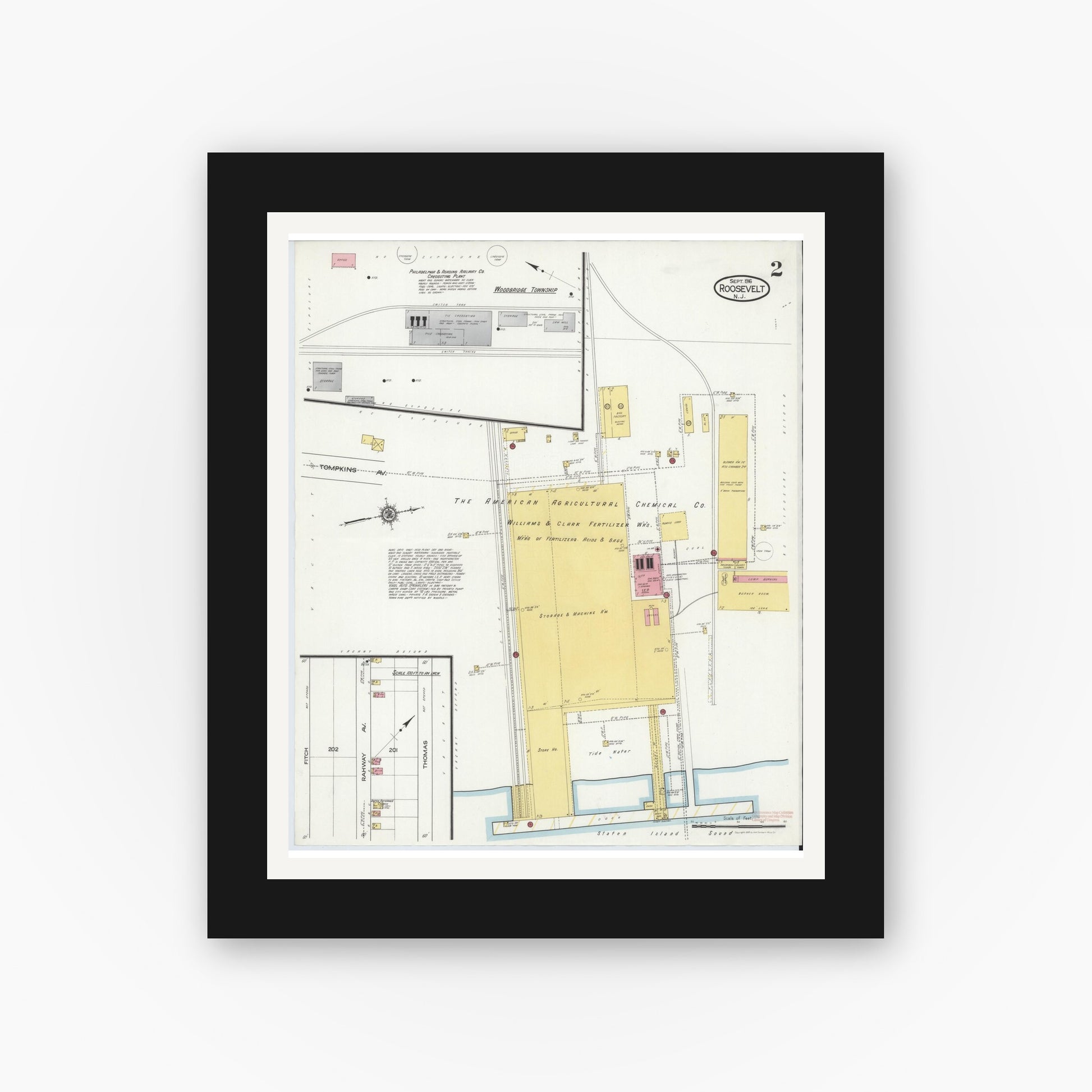 Old map wall art mockup — black gallery frame with white mat — Sanborn Fire Insurance Map from Roosevelt, Middlesex County, New Jersey (1916), Sheet #0002