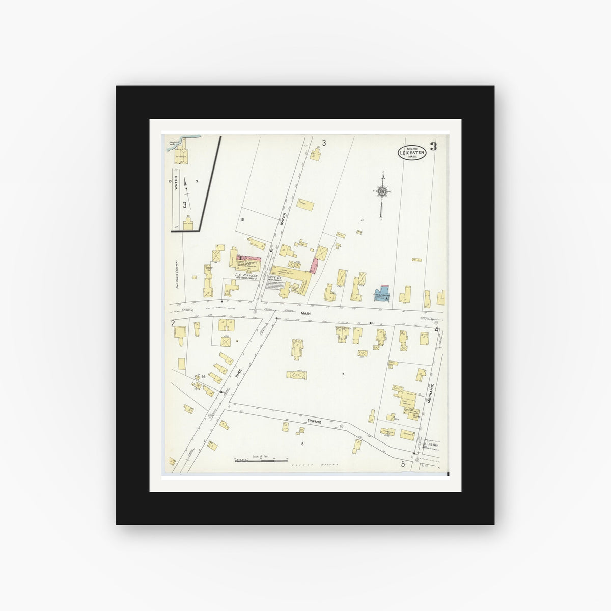 Old map wall art mockup — black gallery frame with white mat — Sanborn Fire Insurance Map from Leicester, Worcester County, Massachusetts (1910), Sheet #0003