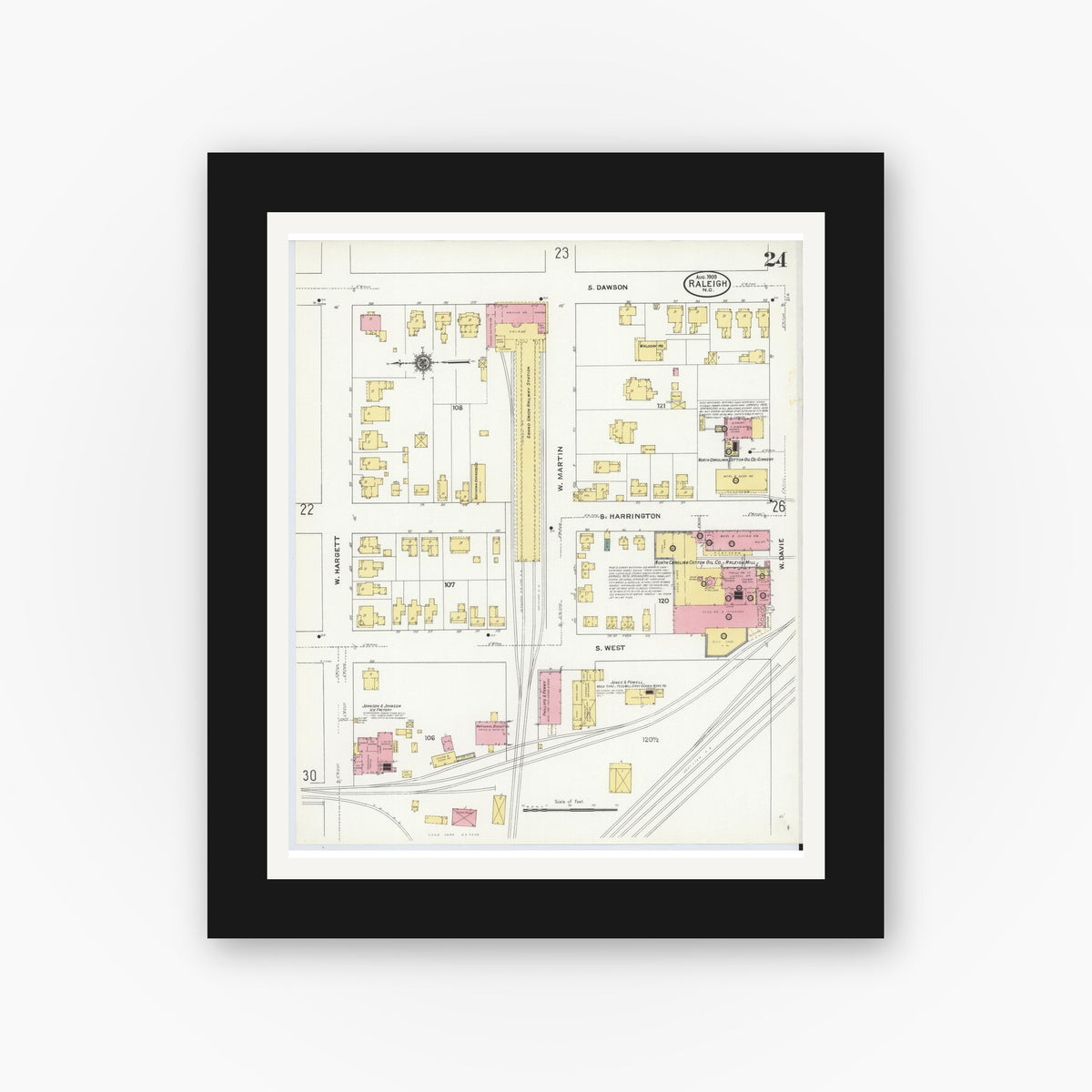 Old map wall art mockup — black gallery frame with white mat — Sanborn Fire Insurance Map from Raleigh, Wake County, North Carolina (1909), Sheet #0024