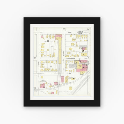 Old map wall art mockup — black gallery frame with white mat — Sanborn Fire Insurance Map from Raleigh, Wake County, North Carolina (1909), Sheet #0024