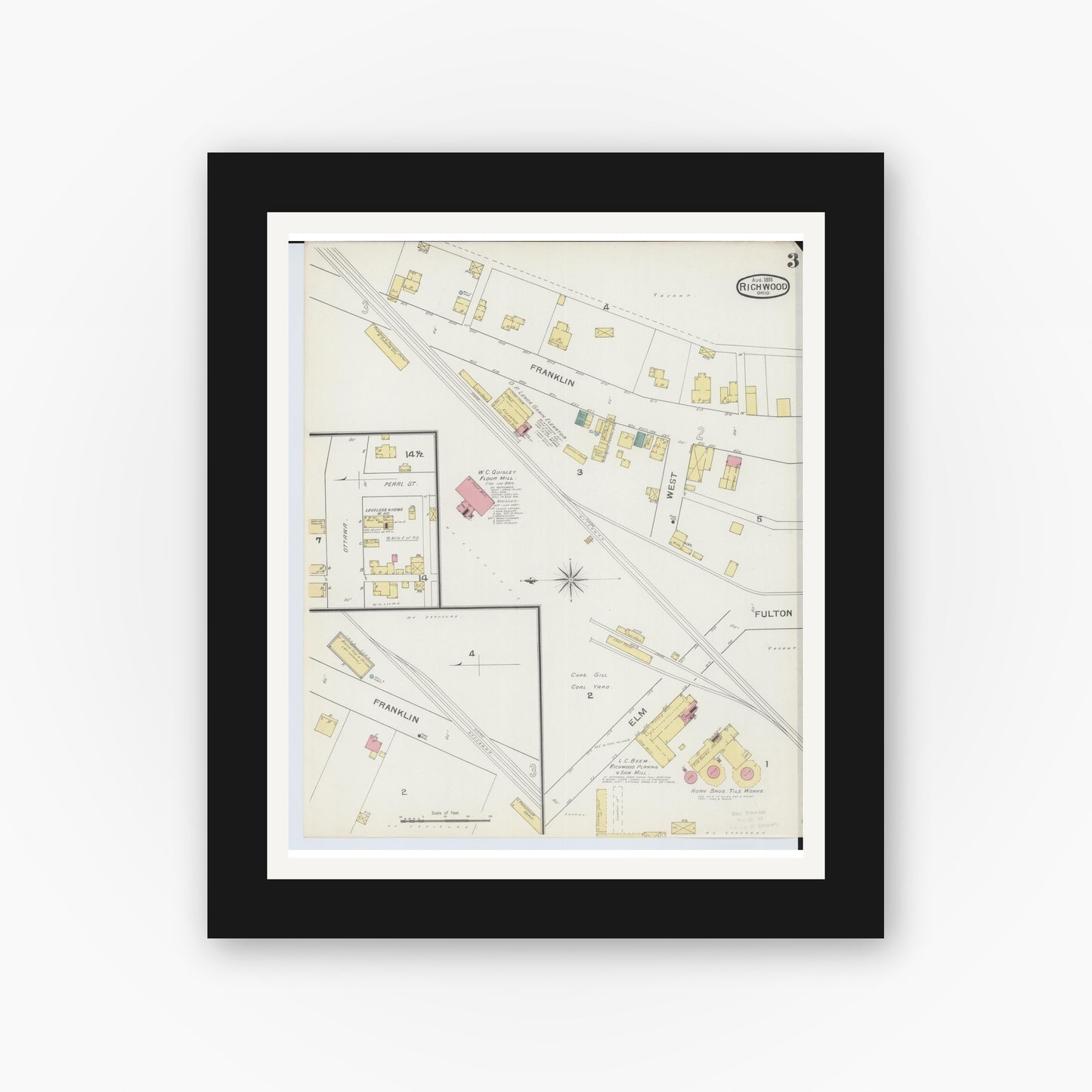 Old map wall art mockup — black gallery frame with white mat — Sanborn Fire Insurance Map from Richwood, Union County, Ohio (1893), Sheet #0003